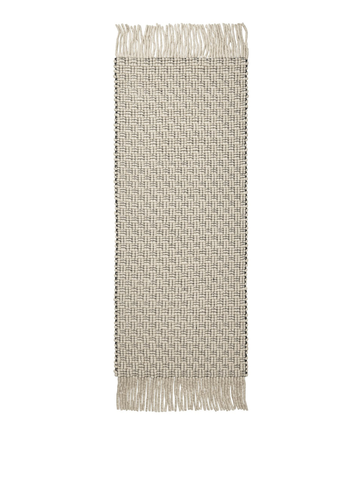 Handgewebter Läuferteppich aus Wolle und Baumwolle in Off-White und Schwarz mit langen Fransen an den Kanten, Format 80 x 200 cm