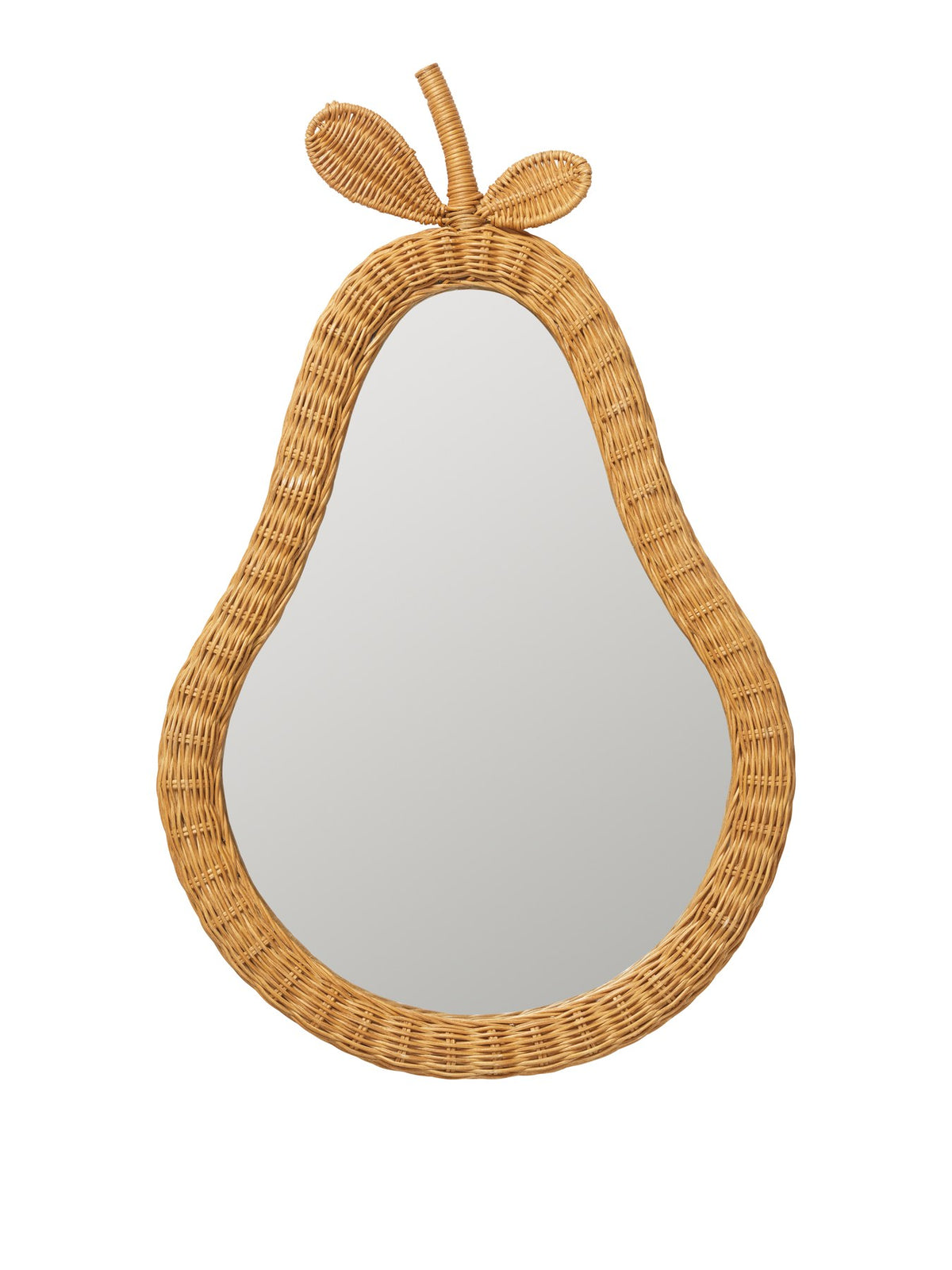 Birnenförmiger Spiegel mit dick geflochtenem Rattanrahmen in Natur, Rückplatte aus Sperrholz, Design von Ferm Living für die Wand.