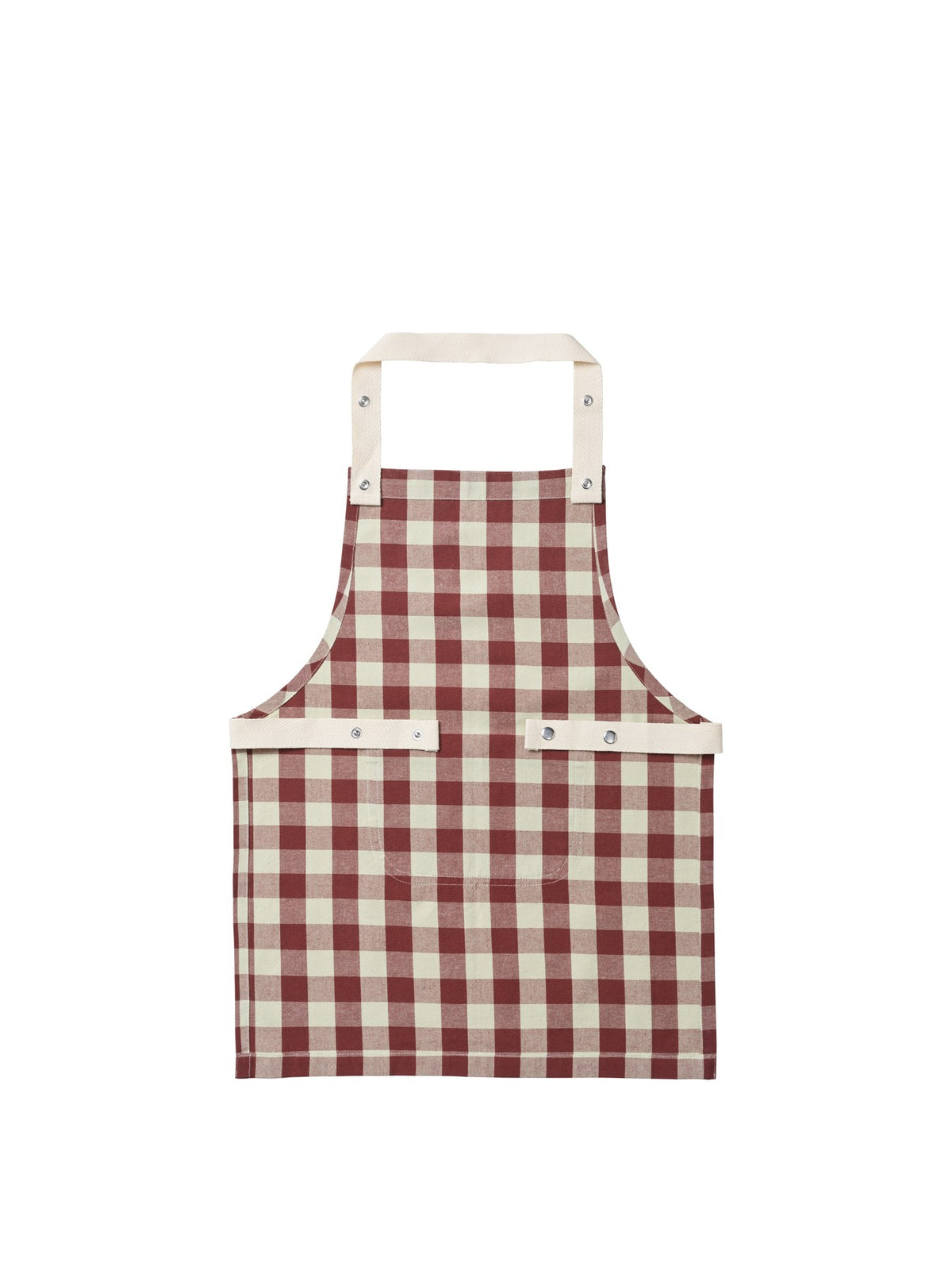 Bothy Kinderküchen-Set von Ferm Living: Schürze, Ofenhandschuh und Geschirrtuch aus Bio-Baumwolle im Karomuster, Farbe Zimt/Graugrün.