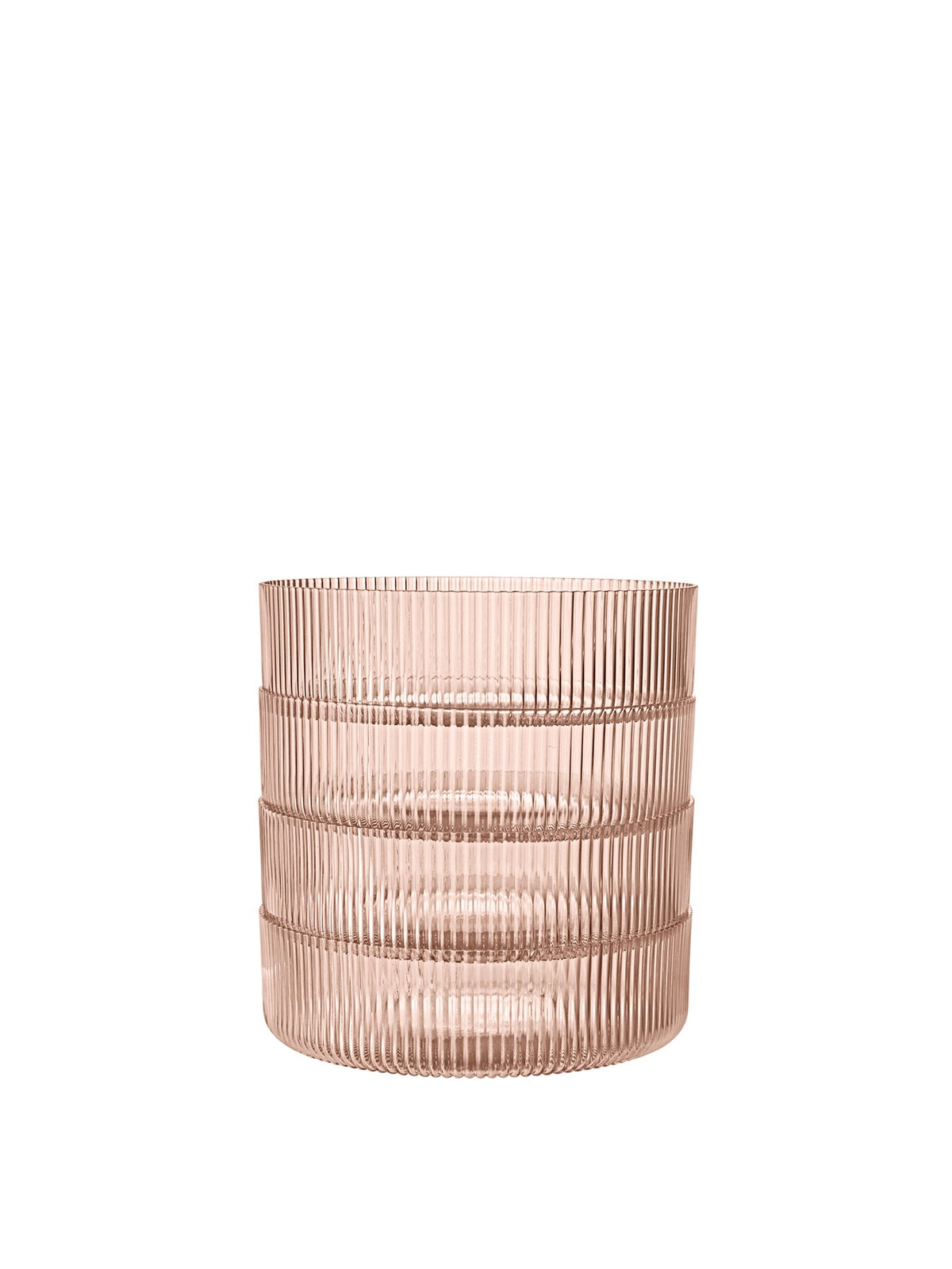 Vier Servierschüsseln aus mundgeblasenem Glas mit geriffelter Oberfläche, Farbe Blush, runde geometrische Form.