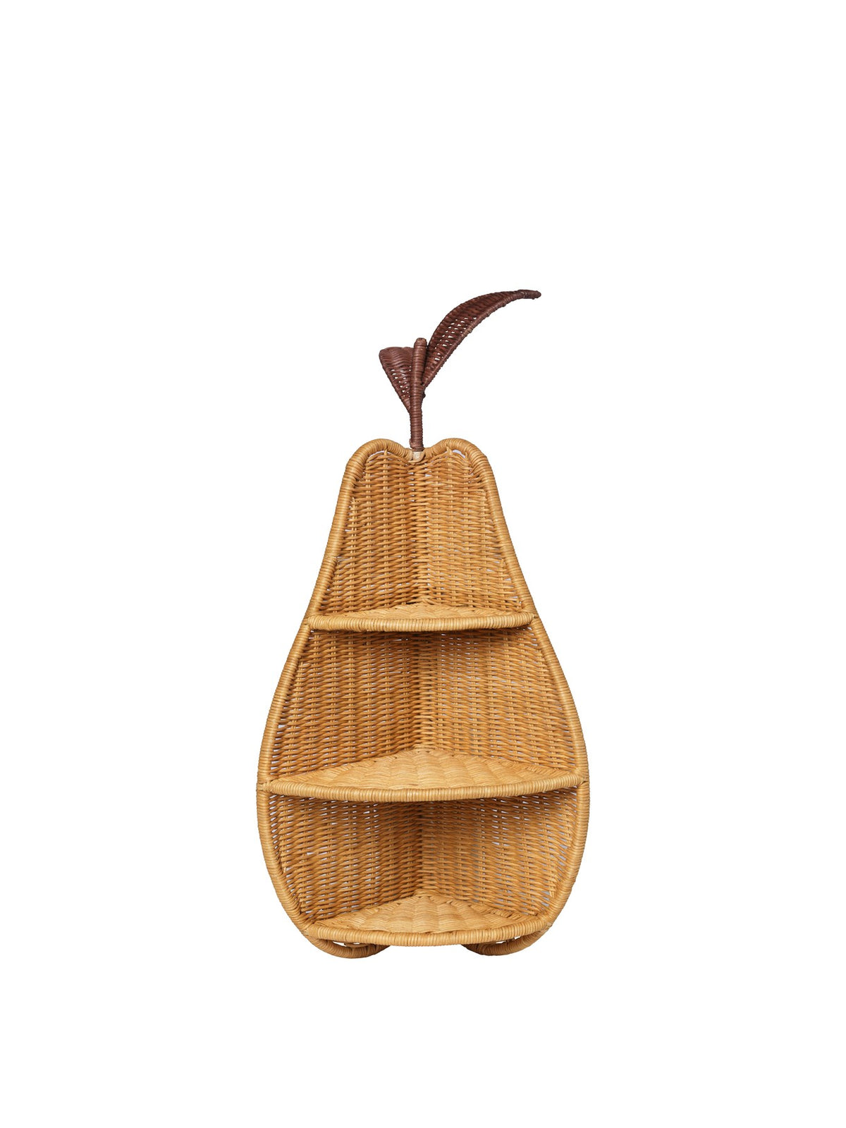 Handgeflochtenes Eckregal aus Rattan in Birnenform mit Eisenstruktur, montiert in einer Zimmerecke, Farbe Natur, Höhe 68 cm.