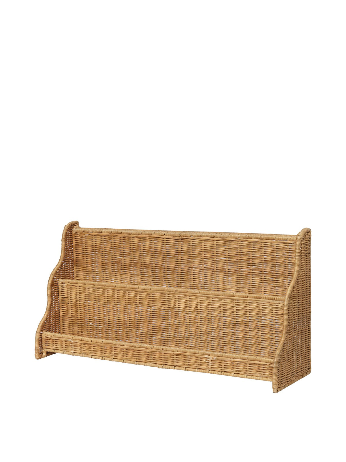 Handgeflochtenes Rattan-Wandregal Rivan von Ferm Living in Natur, mit wellenförmigem Rand und Eisenstruktur im Innern, Grösse 70x20x35 cm.
