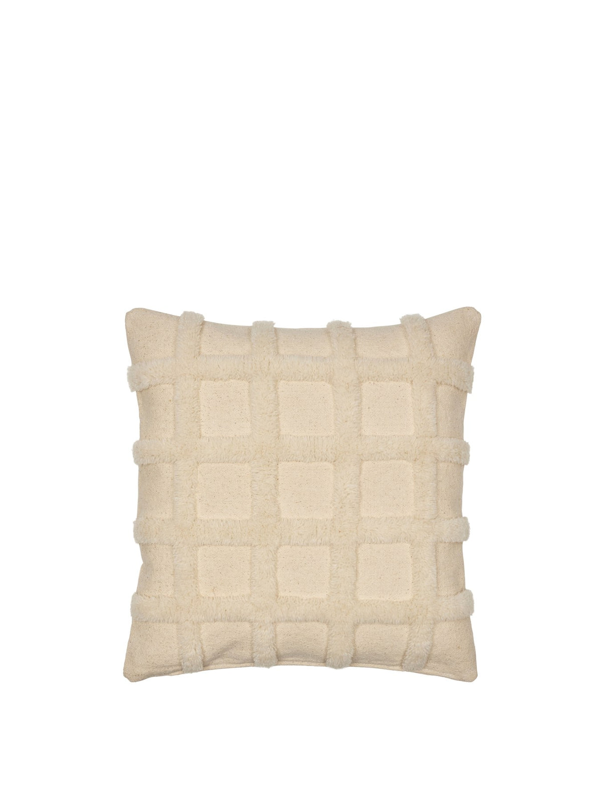 Quadratisches Dekokissen Norte Grid von Ferm Living in Off-White, handgetuftet aus Wolle und Baumwolle mit grafischem Gittermuster.