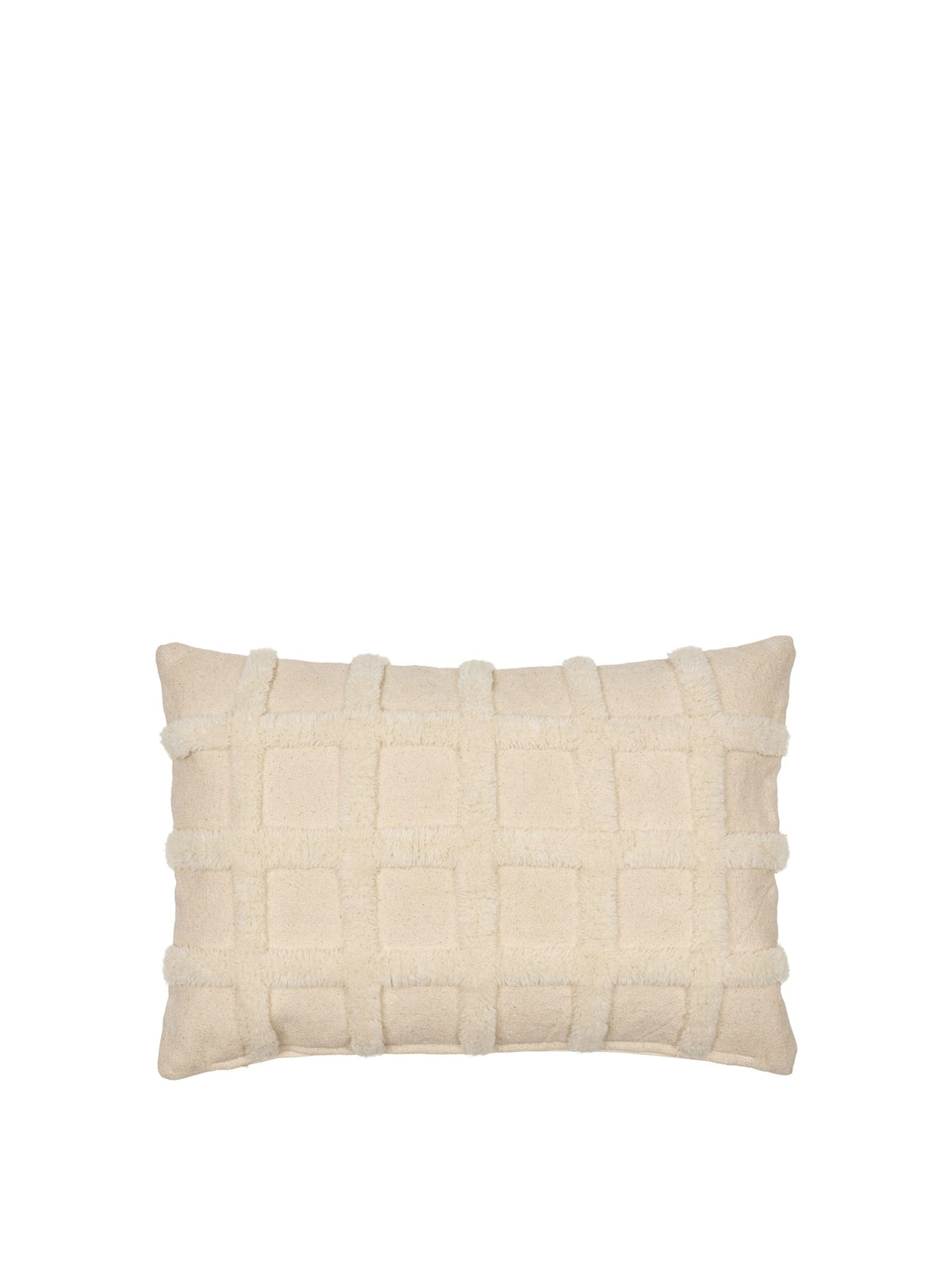 Rechteckiges Deko Kissen Norte Grid von Ferm Living in Off-White, handgetuftet aus Wolle und Baumwolle mit geometrischem Gittermuster.