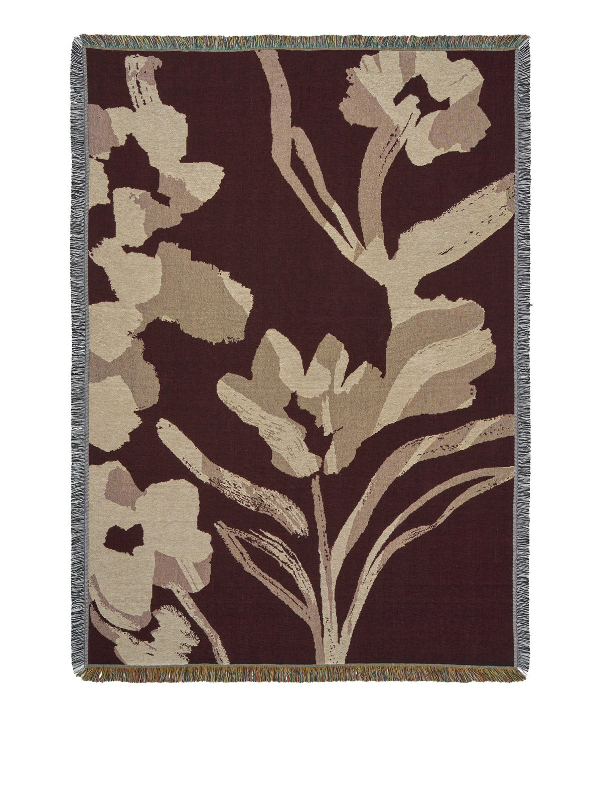 Cilla Wanddecke von Ferm Living in Dunkel Pecan aus 100% Bio-Baumwolle mit handgewebtem Blumenmotiv, Fransen und Tapisserie-Webstruktur.