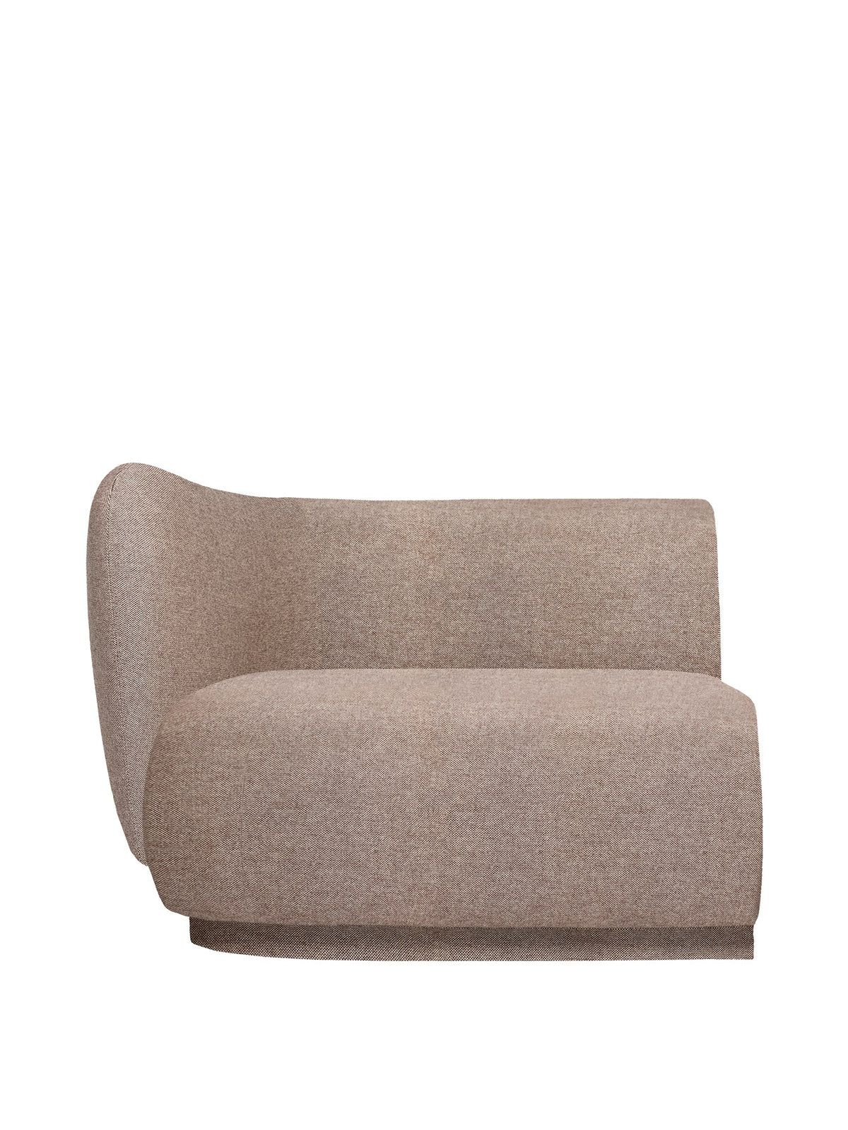 Foto der Rico Armlehne L von Ferm Living in Kaffee, gepolstert mit Main Line Flax Stoff, geschwungene Form, Teil eines modularen Sofasystems.