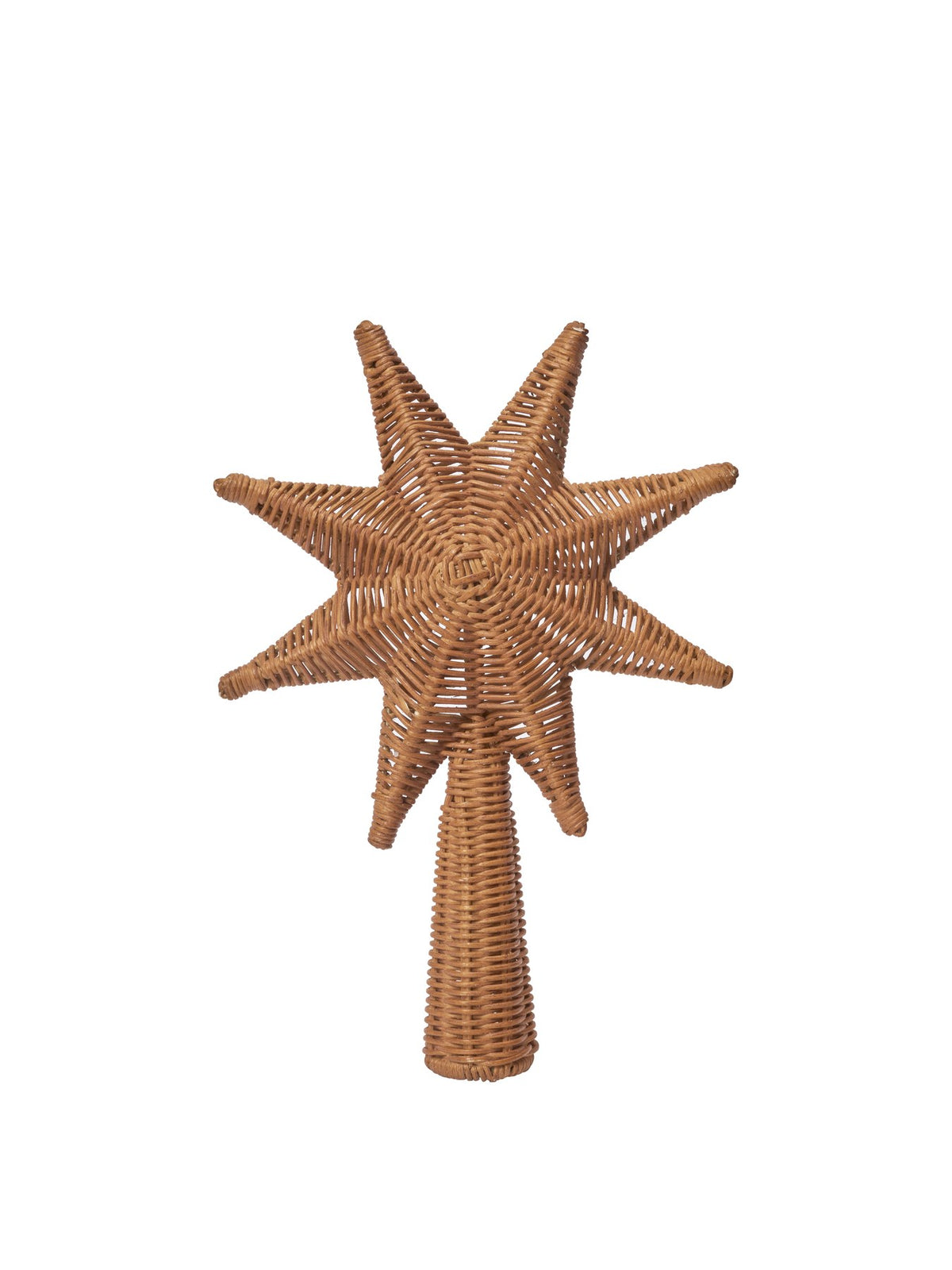 Sternförmige Weihnachtsbaumspitze aus handgeflochtenem Rattan mit innenliegender Eisenstruktur, Farbe Natur, von Ferm Living.