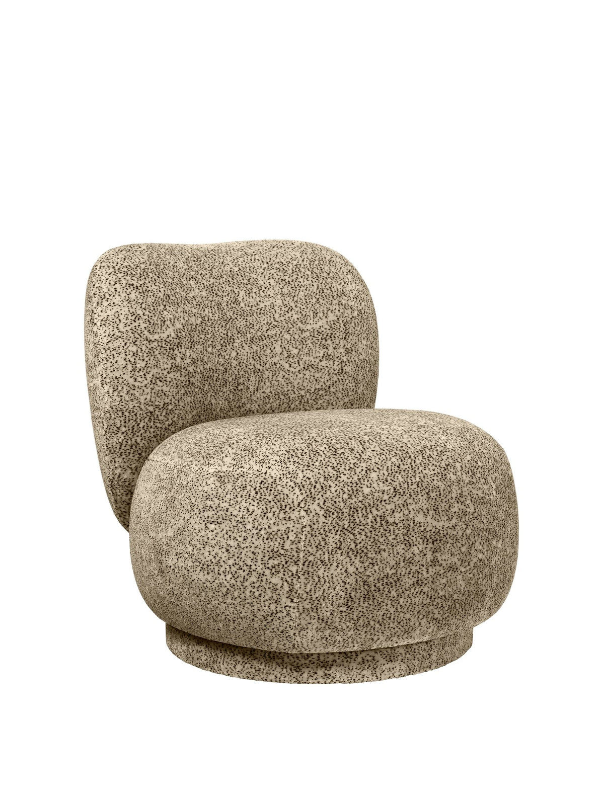 Foto eines Drehsessels Rico Lounge Piccolo von Ferm Living mit Bezug aus Poppy Velvet in Butter/Black, kompakte runde Form und Drehsockel.