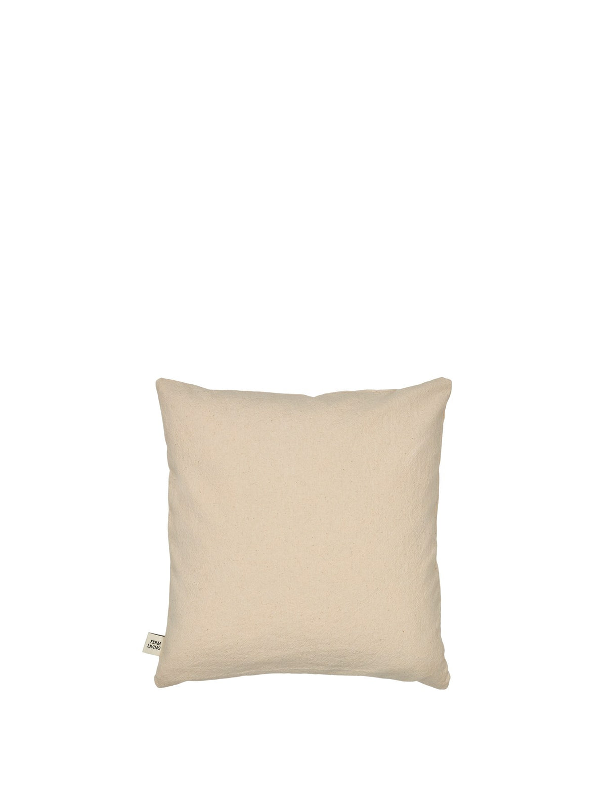 Quadratisches Kissen mit handgestickten Wildtier- und Waldfiguren, Bezug aus Bio-Baumwolle, Farbe Off-White mit Dunkelschokolade-Applikationen.
