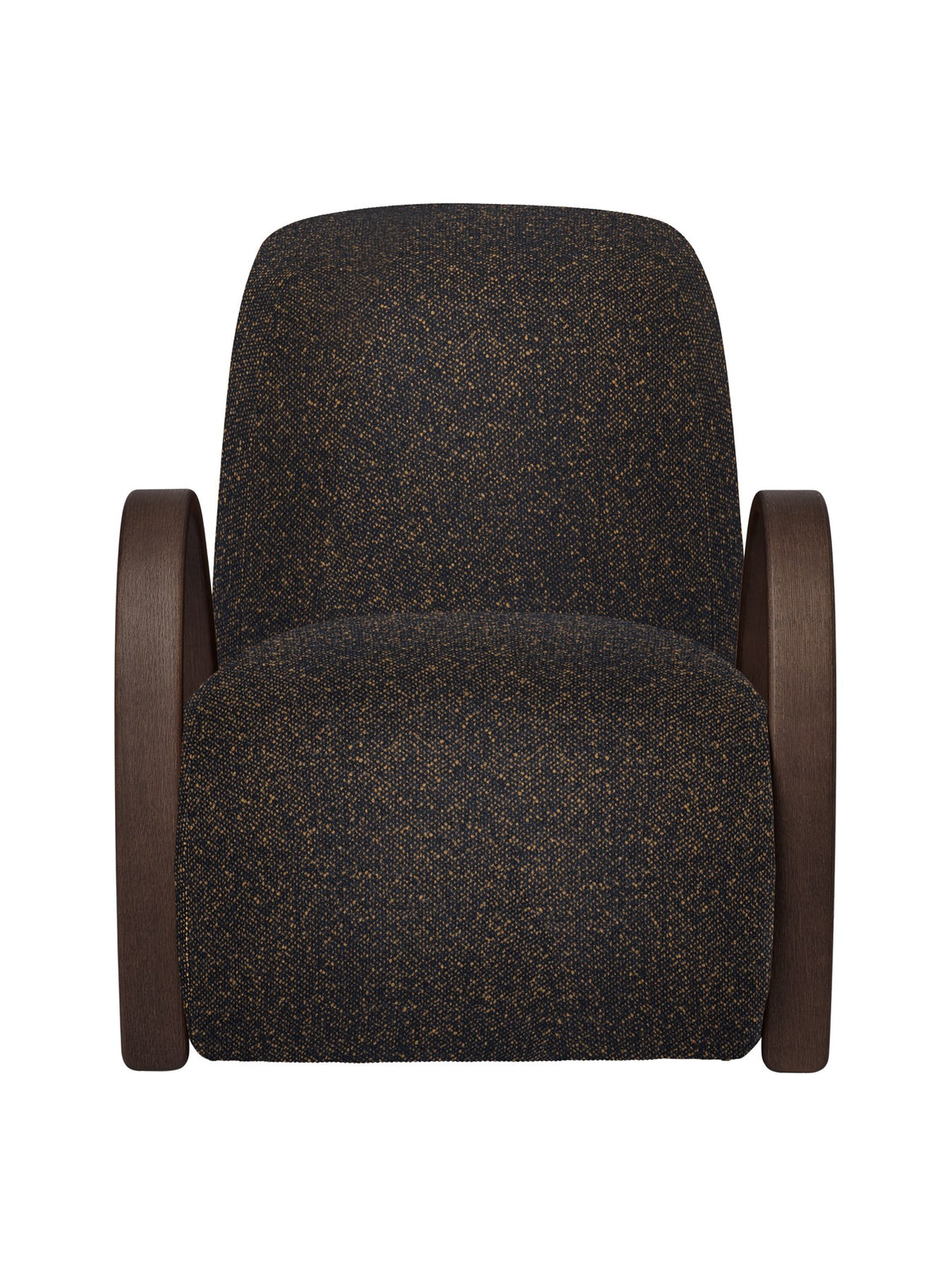 Sessel Buur Lounge Chair mit Vanir-Stoffbezug in Schwarz/Honig, geschwungenen Armlehnen aus dunkel gebeiztem Eichenfurnier und gepolstertem Sitz.