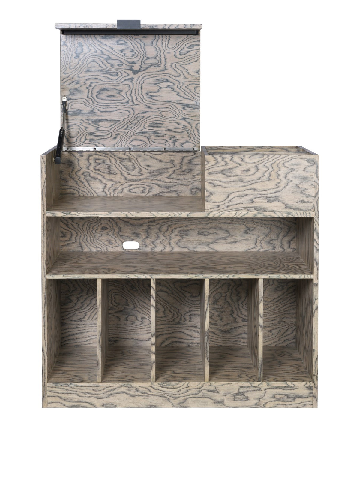 Cabri Mediaschrank von Ferm Living in Grau, skulpturale Form aus FSC-zertifiziertem Kiefernfurnier, mit Fächern für Plattenspieler und Schallplatten.