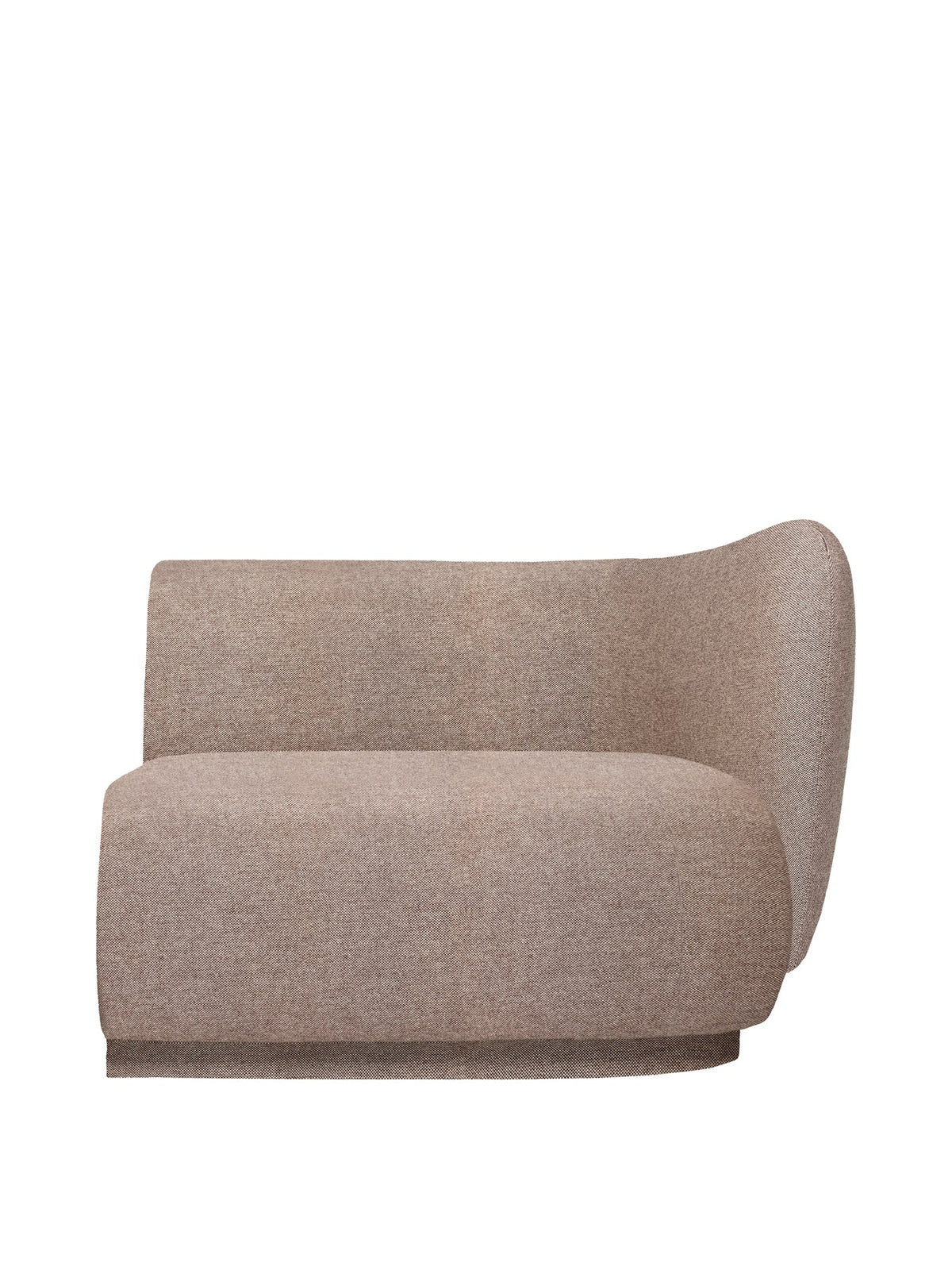 Sofa-Armlehne R aus dem Rico System von Ferm Living, Bezug Main Line Flax in Kaffee, Sitzfläche mit Holzstruktur, geschwungene Form.