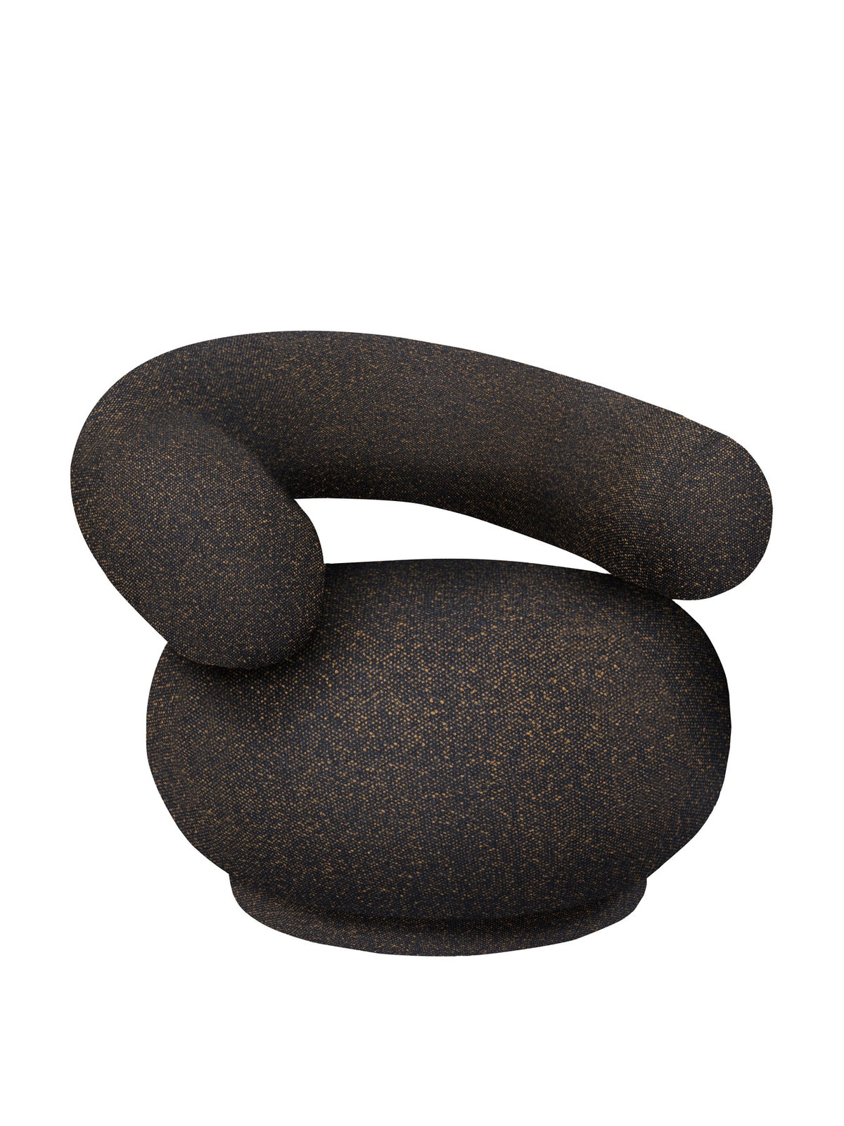 Drehsessel Orbo von Ferm Living mit rundem Vanir-Stoffbezug in Schwarz/Honig, wolkenartiger Form und robustem Drehsockel aus Metall und Holz.