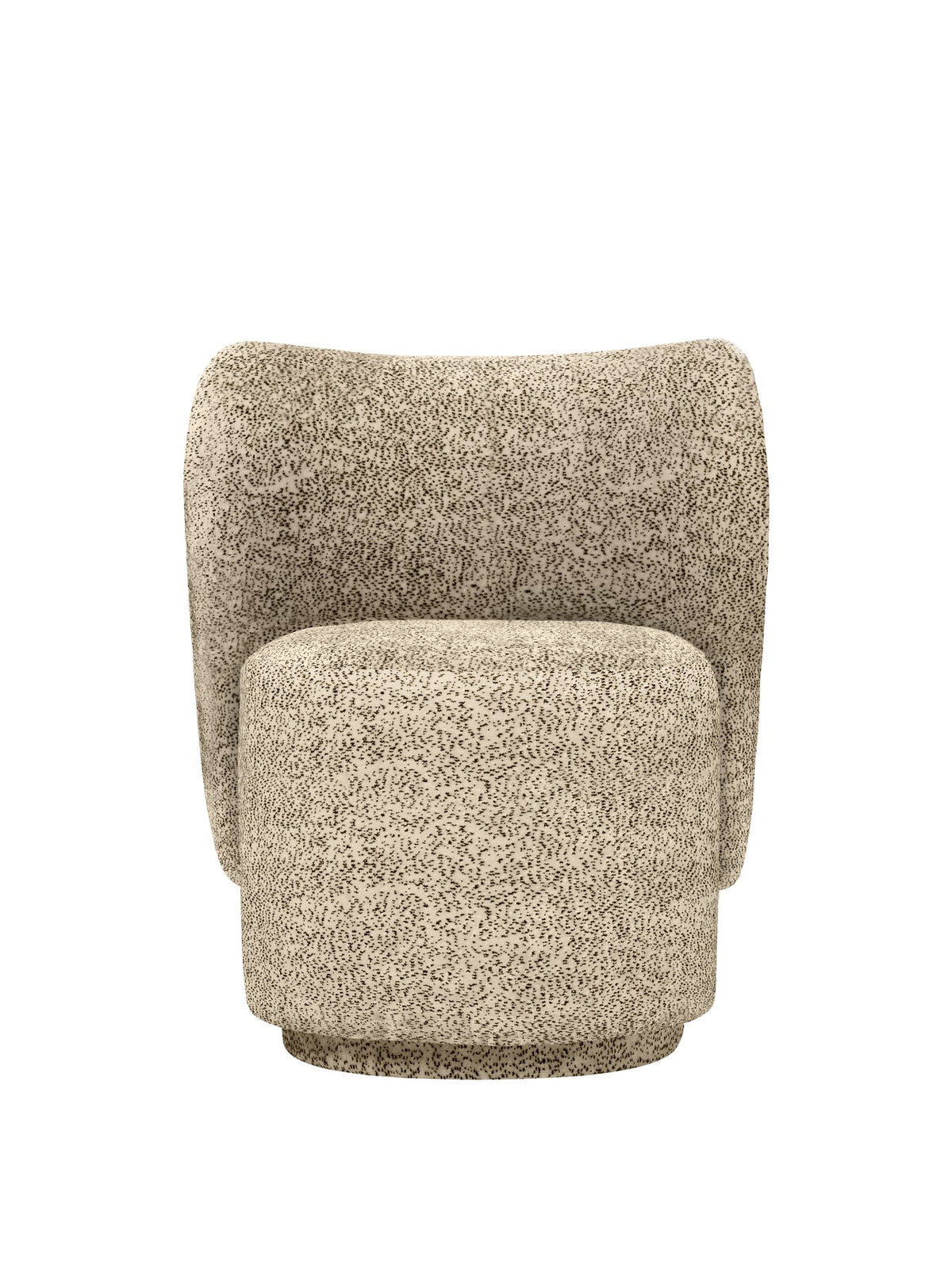 Drehsessel Rico Club von Ferm Living mit Poppy Velvet Bezug in Butter/Black, skulpturale Form und Kunststoff-Drehfuss, Detailansicht des Sitzmöbels.