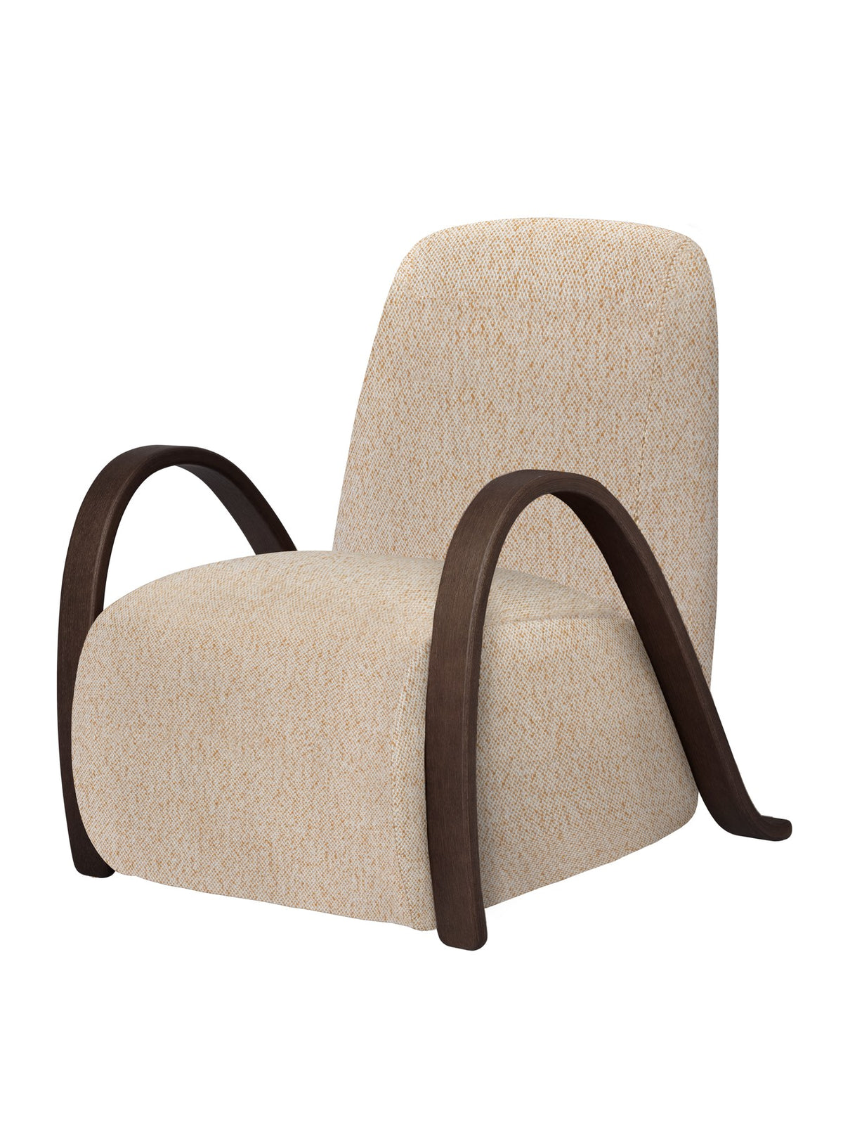 Sessel Buur Lounge Chair von Ferm Living in Off-White/Honig mit Vanir-Stoffbezug, gepolsterter Sitzfläche und geschwungenen Armlehnen aus Eichenfurnier.