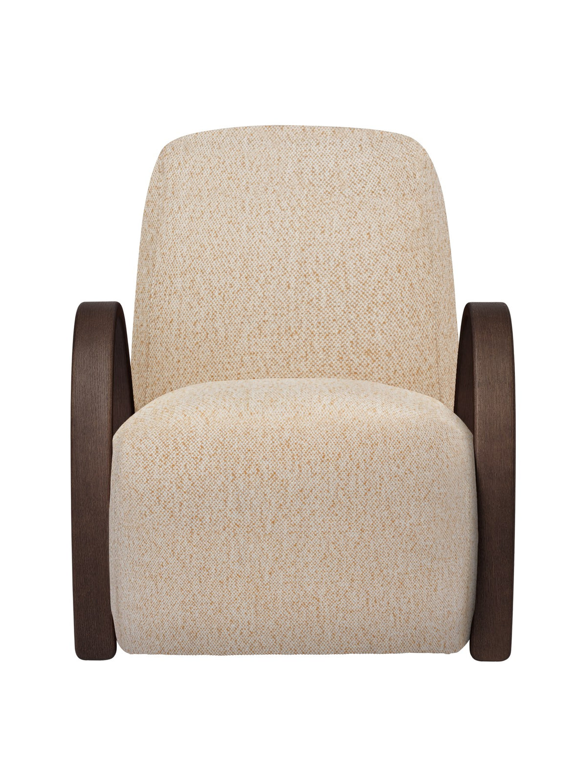 Sessel Buur Lounge Chair von Ferm Living in Off-White/Honig mit Vanir-Stoffbezug, gepolsterter Sitzfläche und geschwungenen Armlehnen aus Eichenfurnier.