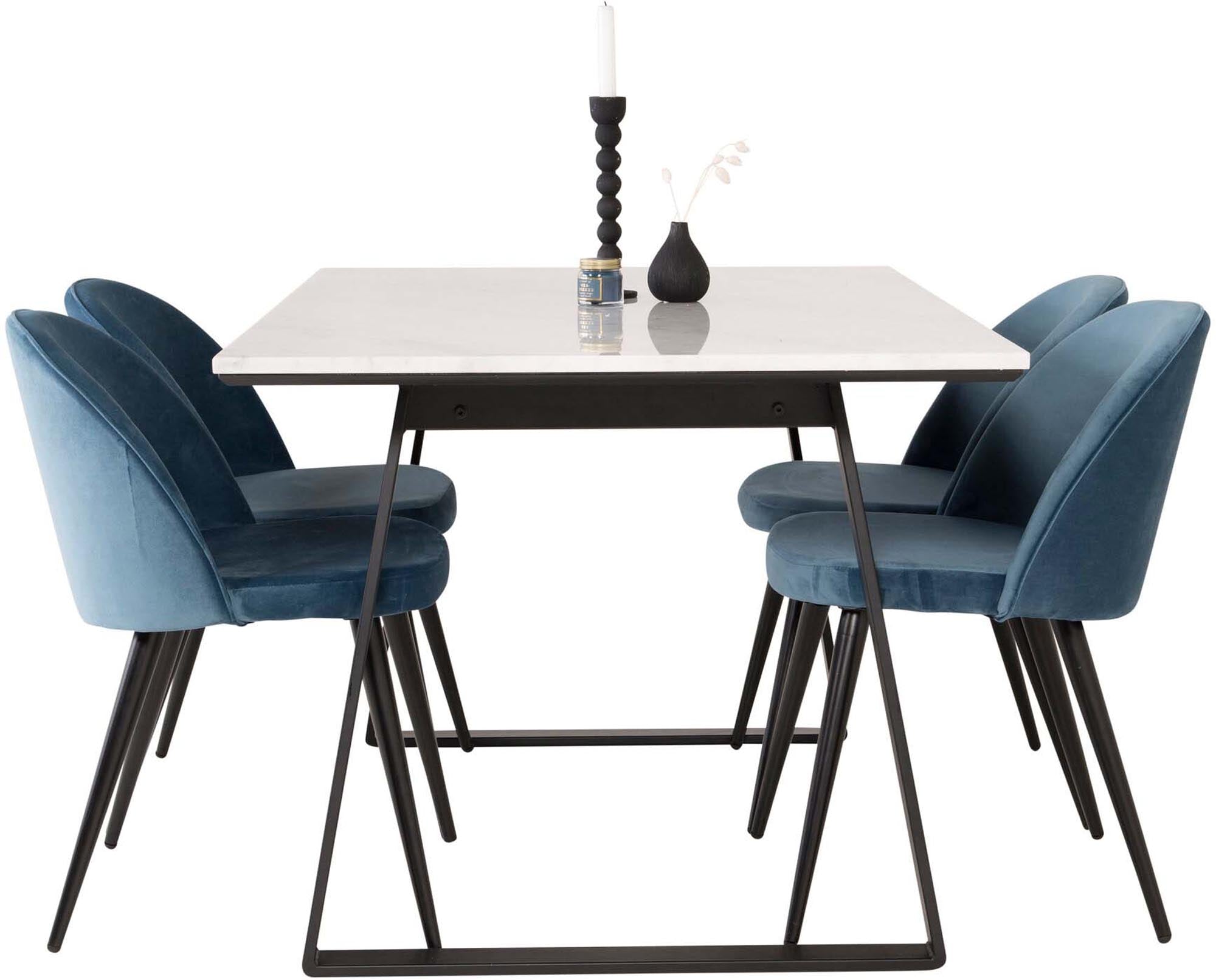 Entdecken Sie das Estelle Esszimmerset von Venture Home: Moderner Esstisch und luxuriöse Velvet-Stühle für einladende Esszimmeratmosphäre.