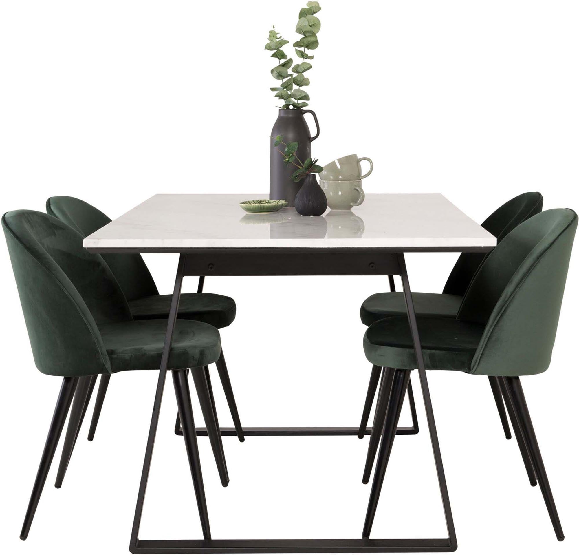 Modernes Esszimmerset mit 140 cm Tisch und luxuriösen Velvet-Stühlen. Ideal für gesellige Runden und stilvolle Einrichtung.