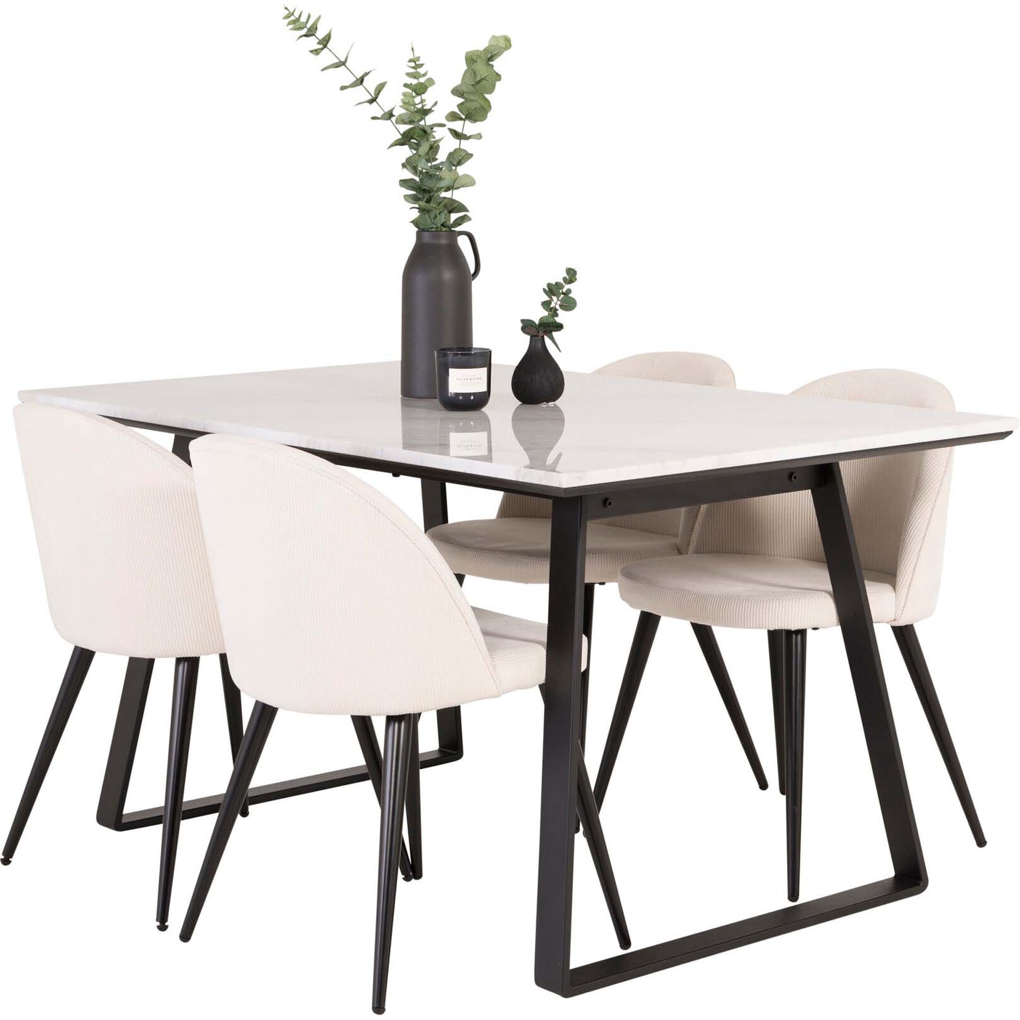 Entdecken Sie das Estelle Esszimmerset von Venture Home: Ein 140 cm großer Tisch und 4 elegante Velvet-Stühle für stilvolle Esszimmermomente.