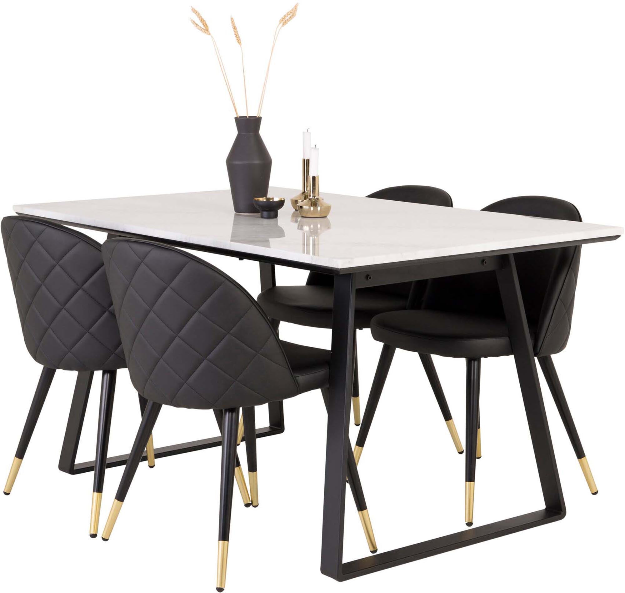 Entdecken Sie das Estelle Esszimmerset von Venture Home: Ein 140 cm großer Tisch und 4 stilvolle Velvet-Stühle für einladende Esszimmermomente.