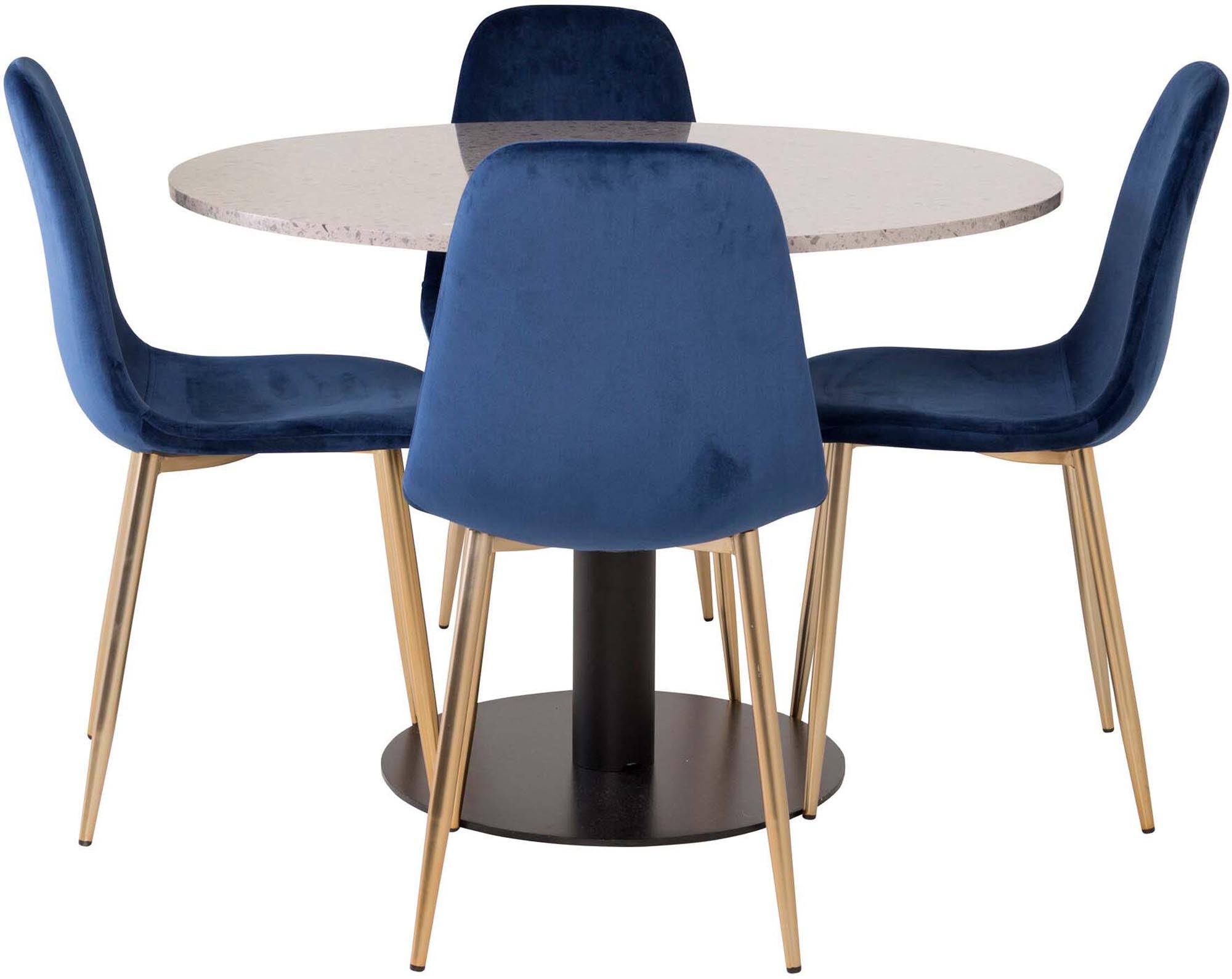 Stilvolles Razzia Esszimmerset mit runder, pflegeleichter Tischplatte und bequemen Samtstühlen. Perfekt für festliche Anlässe und gemütliche Abende.