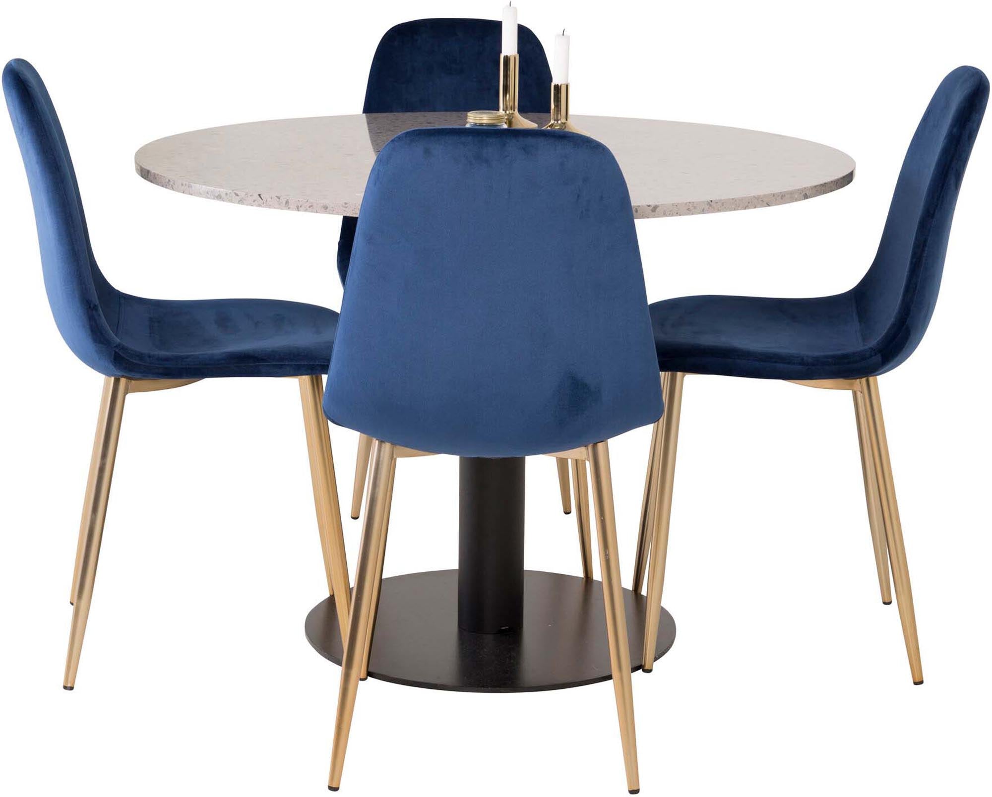 Stilvolles Razzia Esszimmerset mit marmorierter Tischplatte und luxuriösen Samtstühlen. Perfekt für gesellige Abende und moderne Wohnkonzepte.