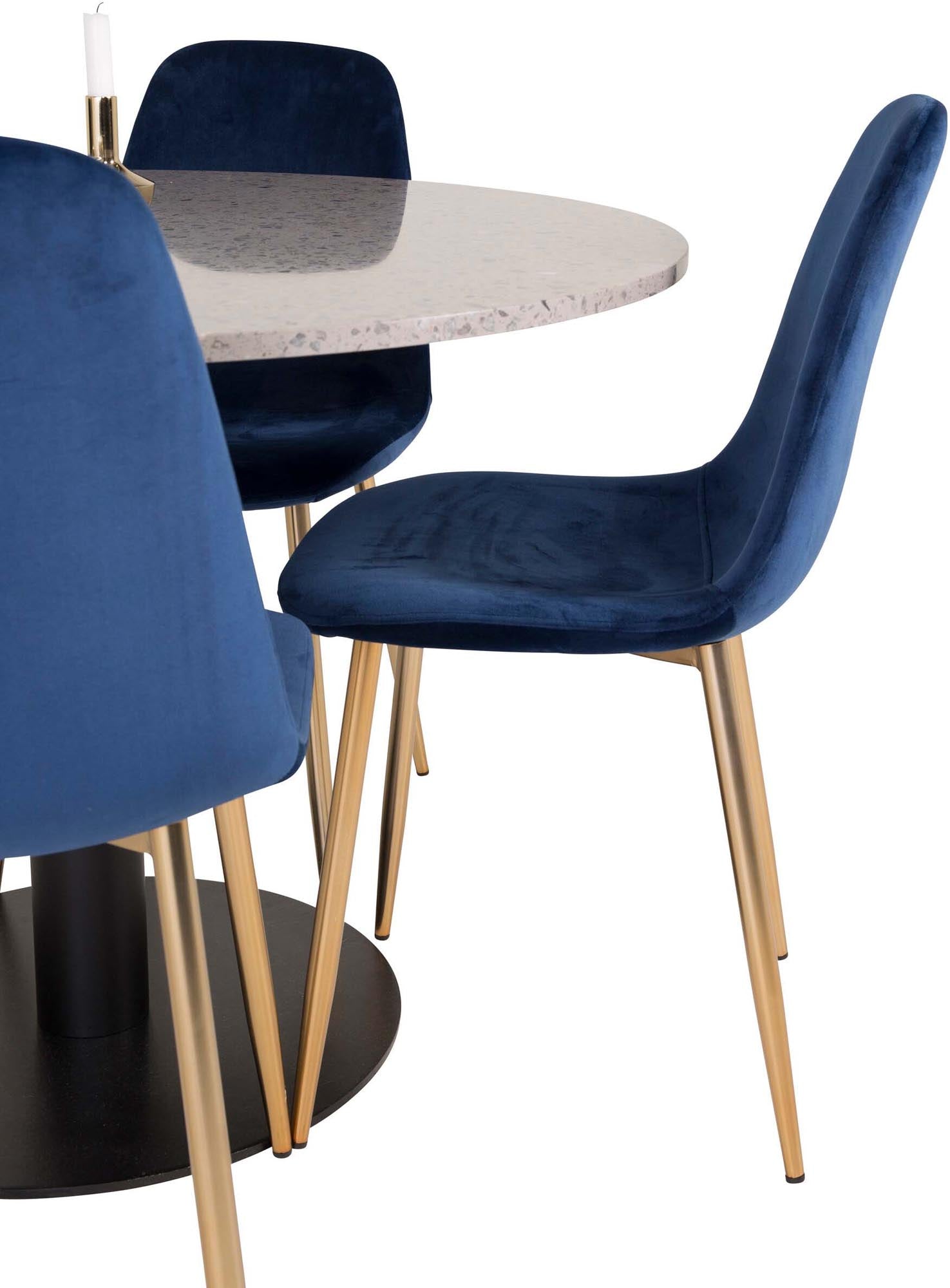 Razzia Esszimmerset + Polar: Stilvoller runder Esstisch mit marmorierter Oberfläche und luxuriösen Samtstühlen für ein elegantes Esszimmer.