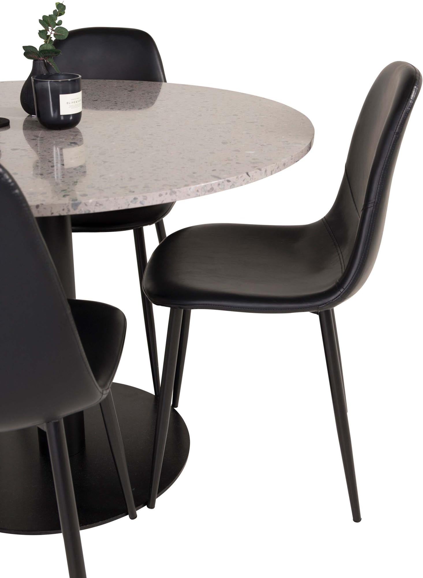 Entdecken Sie das Razzia Esszimmerset + Polar: Eleganz trifft Komfort mit einem runden Tisch und luxuriösen Samtstühlen für Ihr Esszimmer.