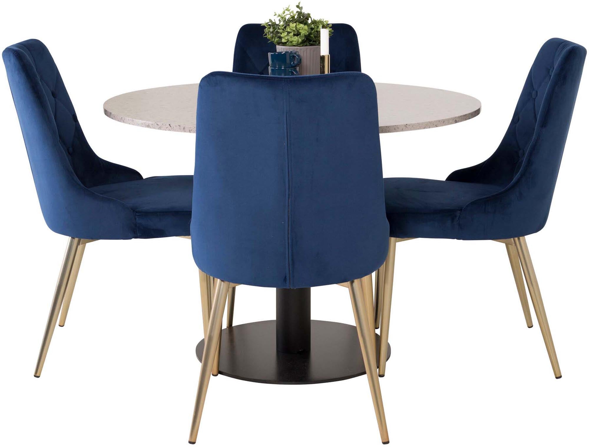 Elegantes Esszimmerset mit einem 106 cm runden Tisch und vier stilvollen Samtstühlen, perfekt für festliche Anlässe und entspannte Abende.