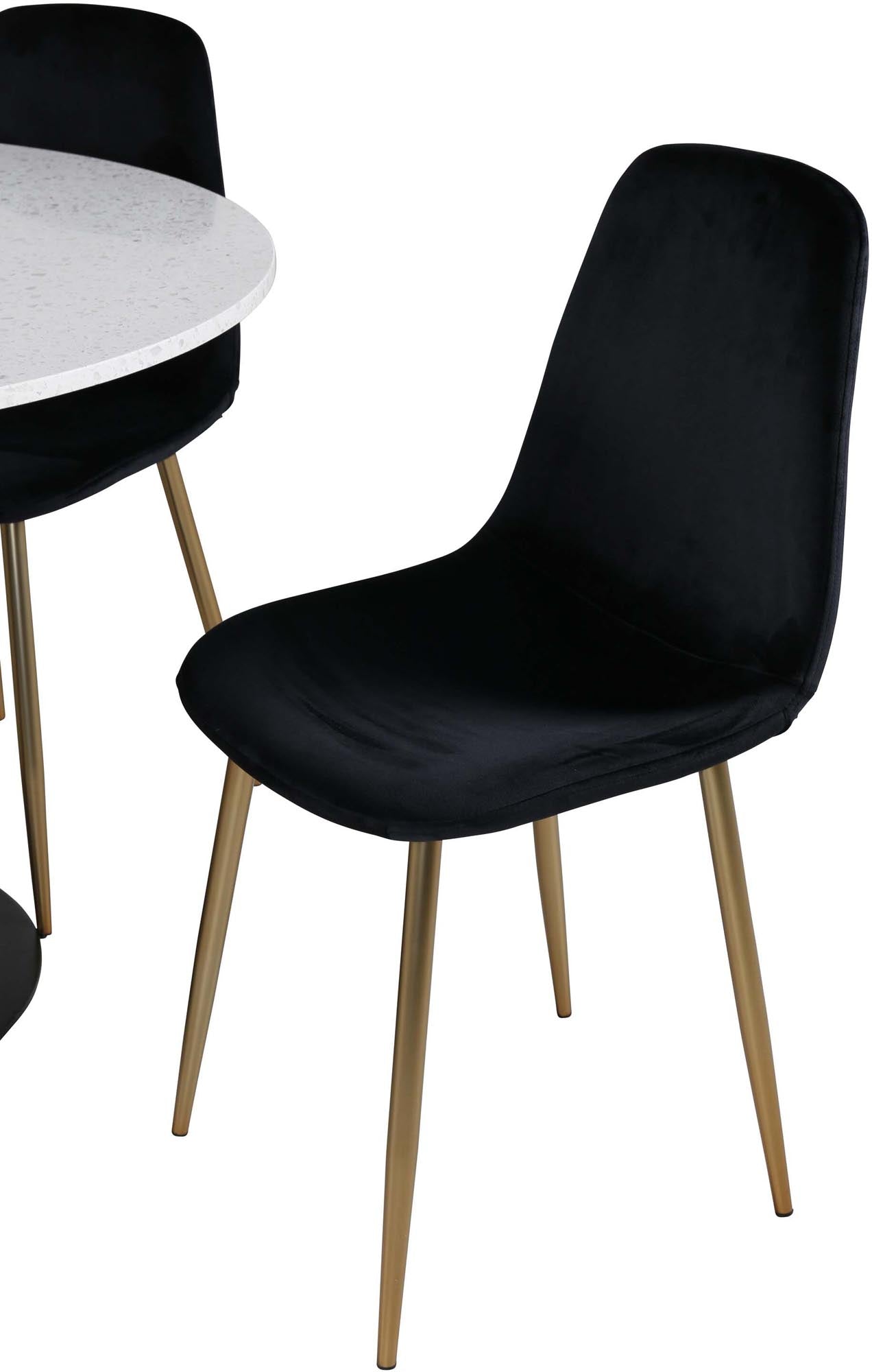 Entdecken Sie das Razzia Esszimmerset + Polar: Eleganz trifft Komfort mit einem stilvollen runden Tisch und luxuriösen Samtstühlen.