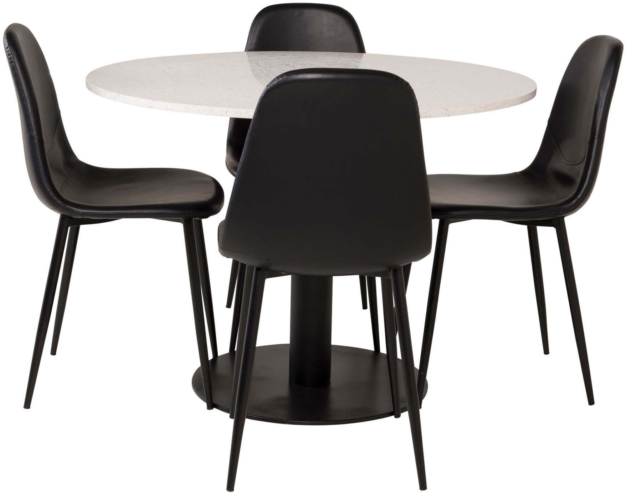 Erleben Sie das Razzia Esszimmerset + Polar von Venture Home: Stilvoller runder Tisch und bequeme Samtstühle für Ihr modernes Esszimmer.