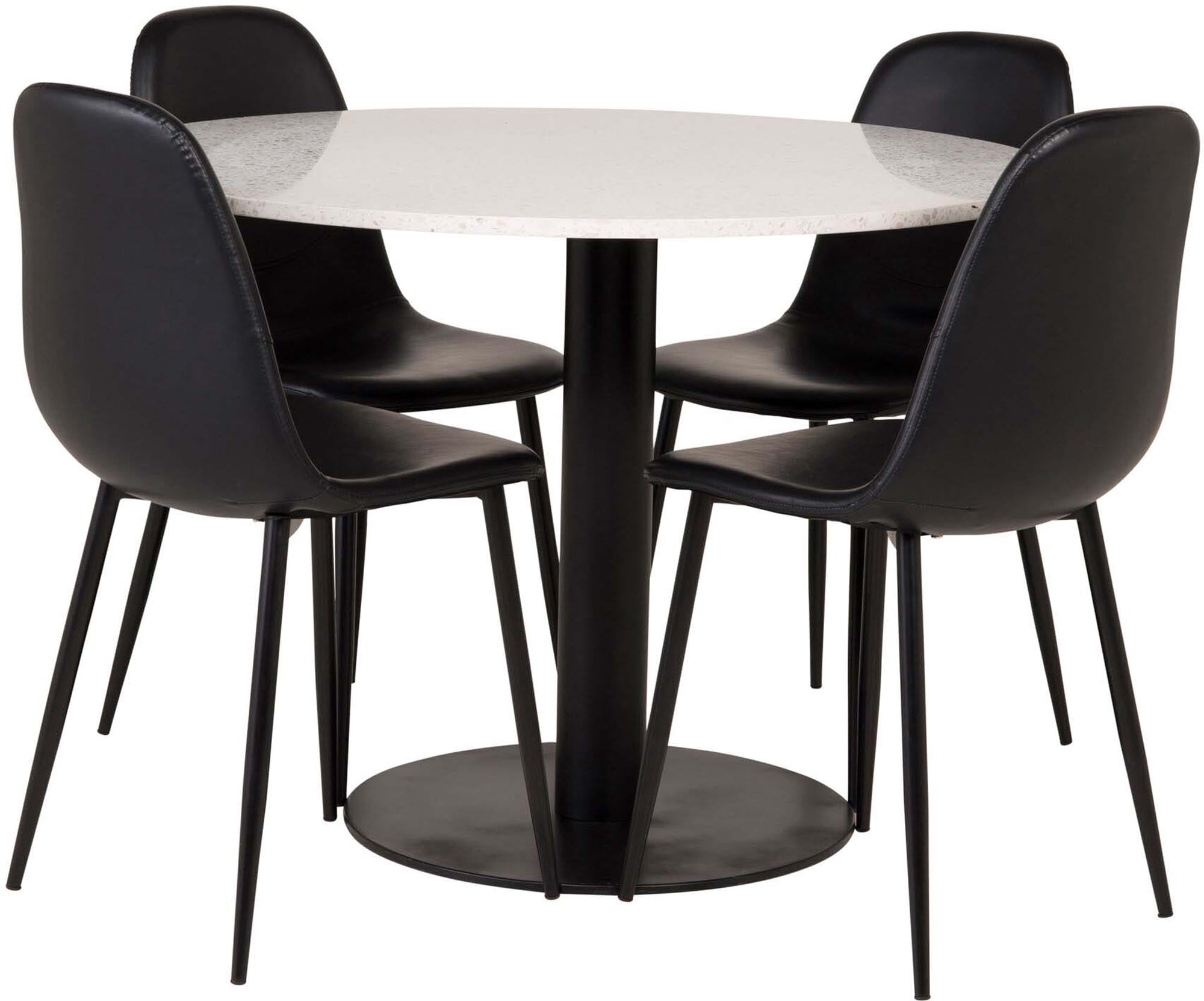 Stilvolles Razzia Esszimmerset von Venture Home: runder Tisch mit marmorierter Oberfläche und luxuriösen Samtstühlen für Ihr modernes Zuhause.