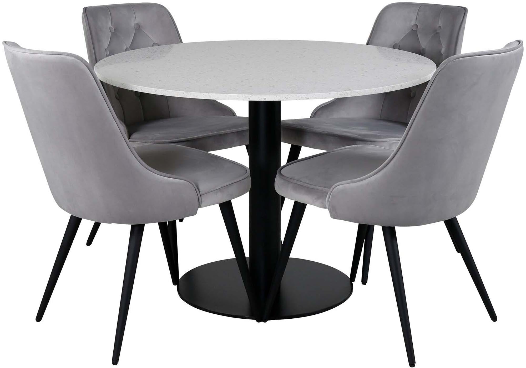 Stilvolles Razzia Esszimmerset von Venture Home: 106 cm Esstisch und 4 luxuriöse Samtstühle, perfekt für gemütliche Abende und festliche Feiern.