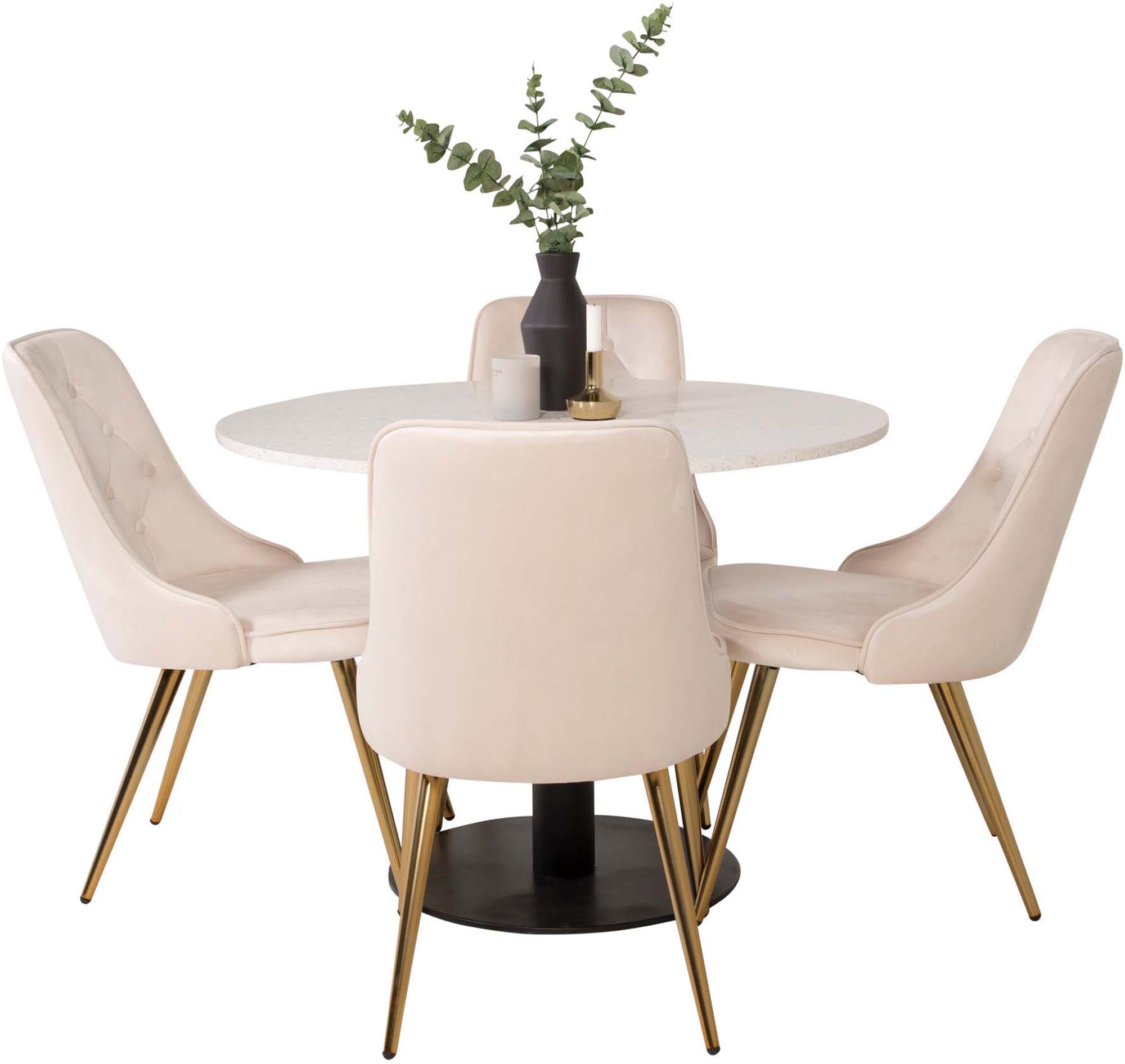 Elegantes Esszimmerset mit einem 106 cm großen Tisch und vier stilvollen Samtstühlen. Perfekt für gemütliche Abende und festliche Anlässe.