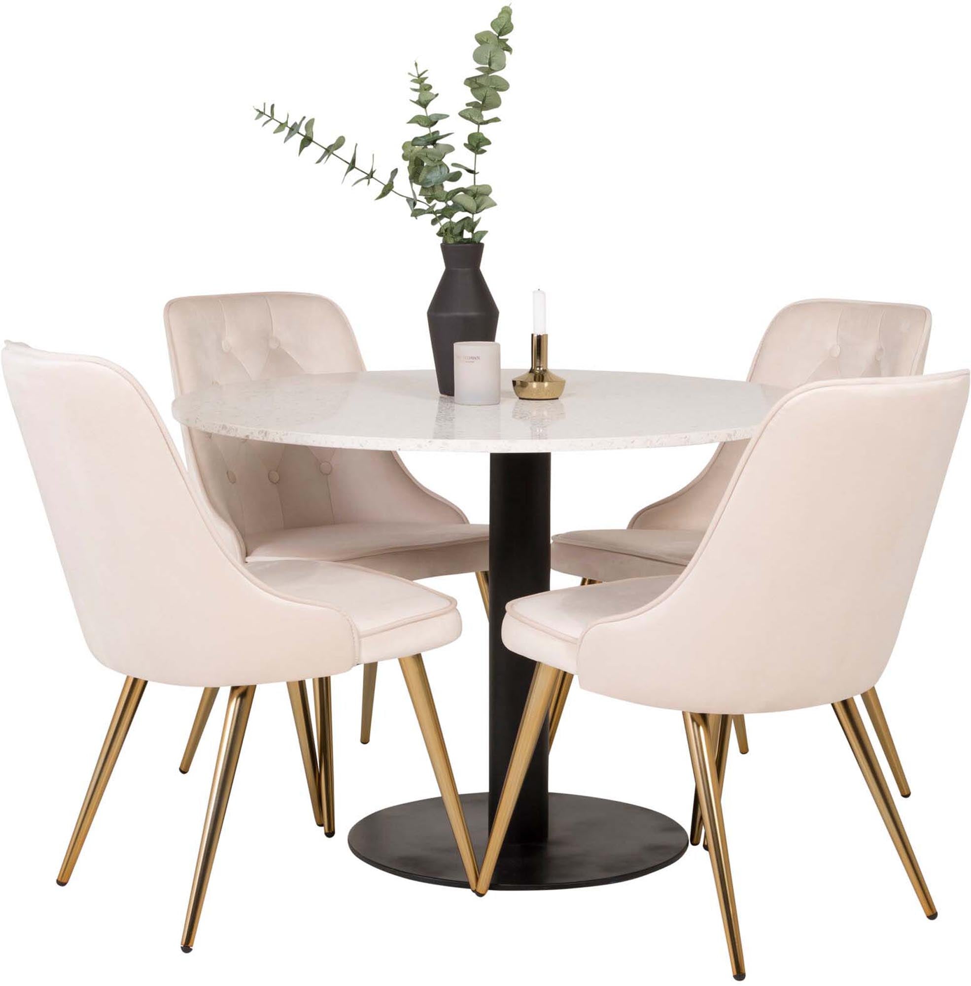 Elegantes Esszimmerset mit Samtstühlen und rundem Tisch für stilvolle und komfortable Essbereiche.