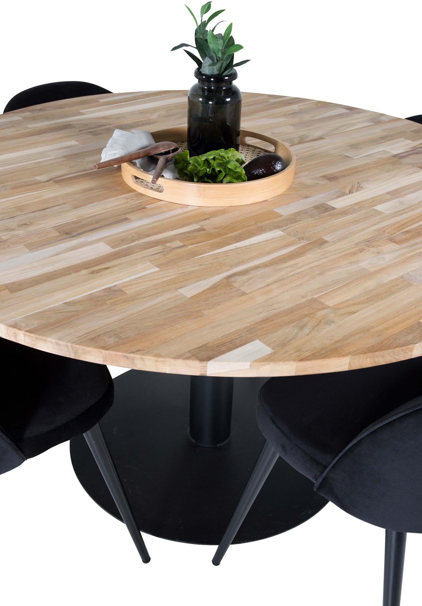 Cirebon Esszimmerset: Elegantes Set mit 140 cm Teakholztisch und luxuriösen Samtstühlen für einladende Esszimmermomente.