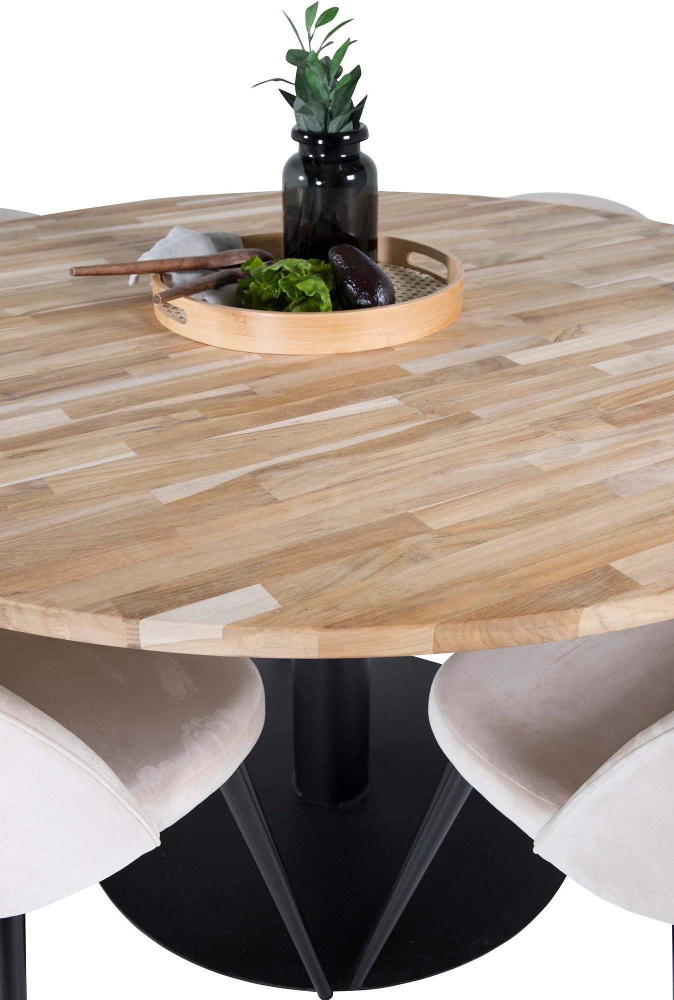 Elegantes Cirebon Esszimmerset: 140cm Teakholz-Tisch & 4 Samtstühle. Stilvoll, komfortabel, langlebig. Perfekt für gesellige Runden.