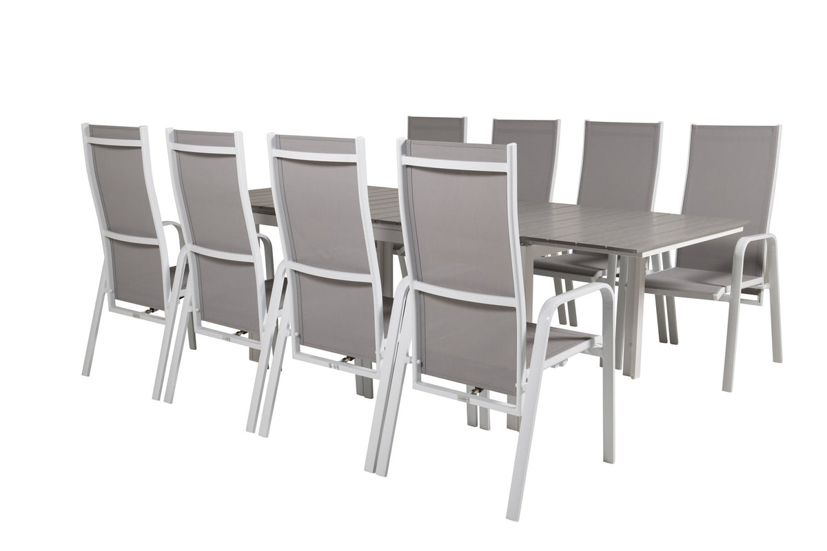 Graues Gartentischset aus Aintwood und Aluminium mit ausziehbarer Tischplatte und sechs klappbaren, pulverbeschichteten Stühlen im Aussenbereich.