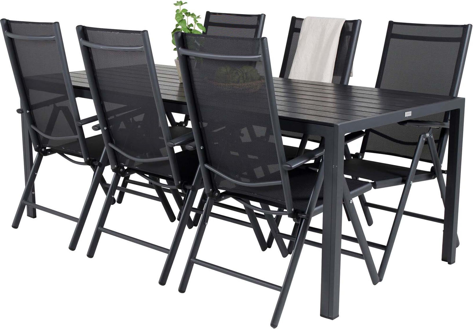 Stylisches Outdoor-Tischset von Venture Home: 205 cm Tisch und 6 bequeme Stühle, perfekt für entspannte Momente im Garten.