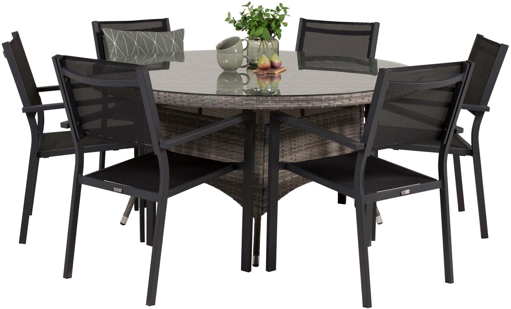 Volta Outdoor-Tischset + Copacabana ⌀150cm/6St. in Schwarz präsentiert im Onlineshop von KAQTU Design AG. Gartentischset ist von Venture Home