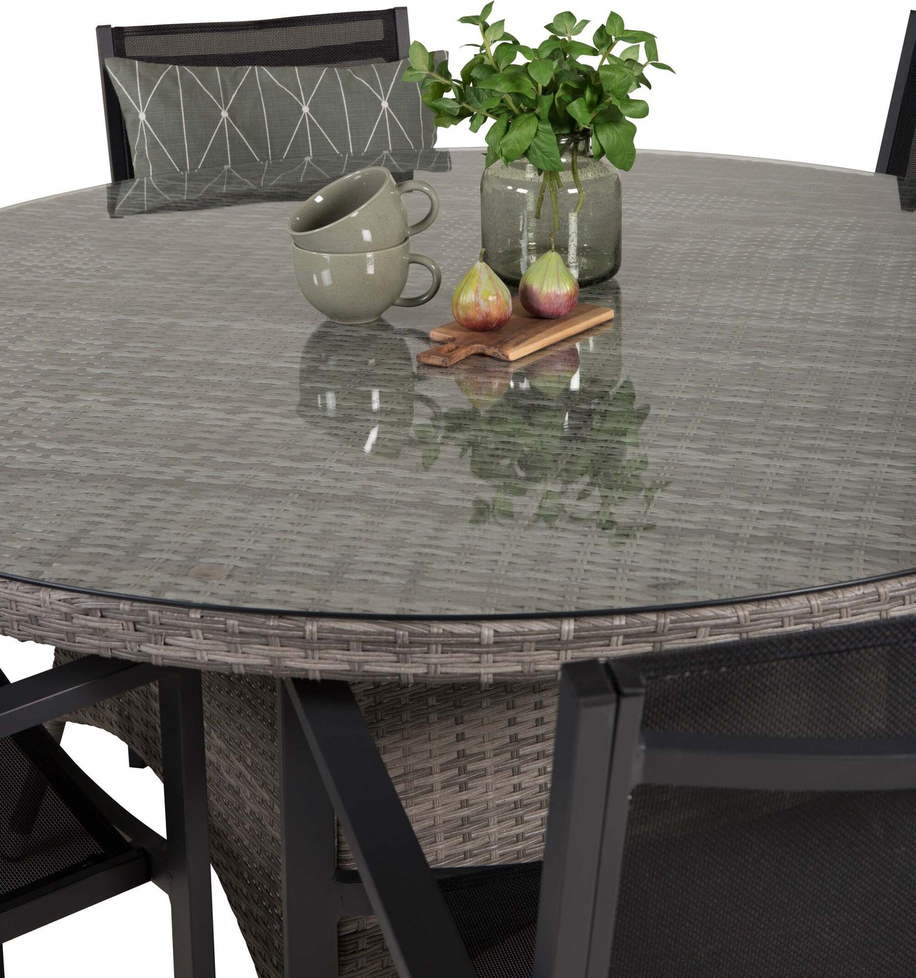 Volta Outdoor-Tischset + Copacabana ⌀150cm/6St. in Schwarz präsentiert im Onlineshop von KAQTU Design AG. Gartentischset ist von Venture Home
