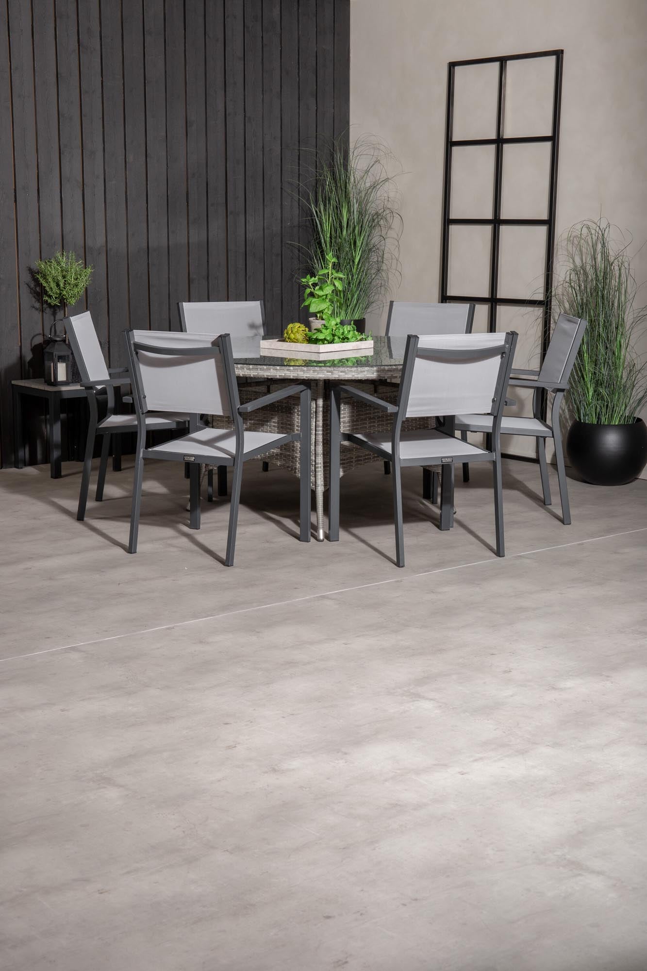 Genieße gesellige Stunden im Freien mit dem eleganten Volta Outdoor Tischset Copacabana ⌀150cm. Perfekt für 6 Personen, modern und langlebig!