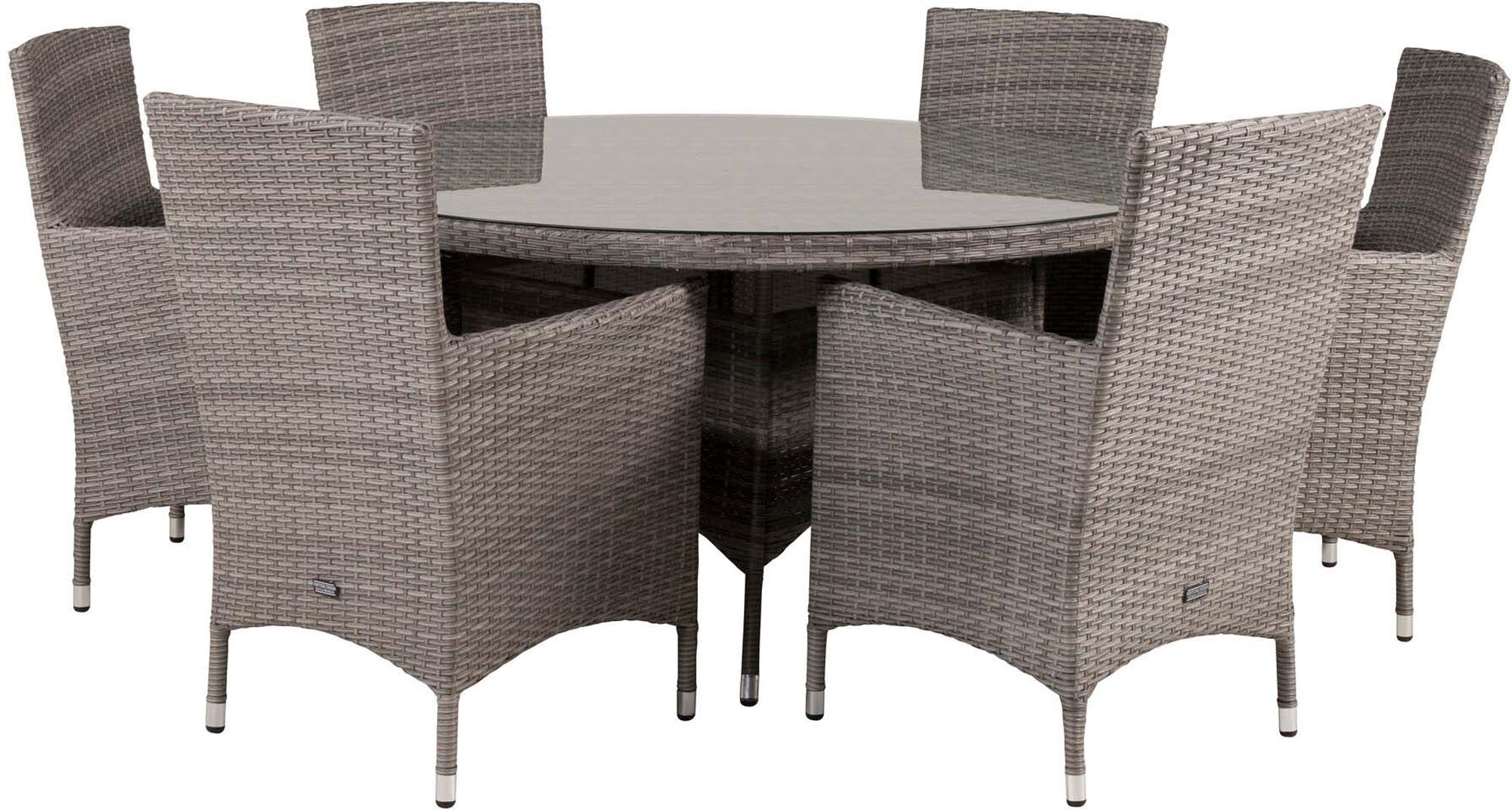 Rundes Volta Tischset für 6 Personen, aus bruchsicherem Glas und wetterfestem Kunstrattan. Perfekt für gesellige Momente im Freien.