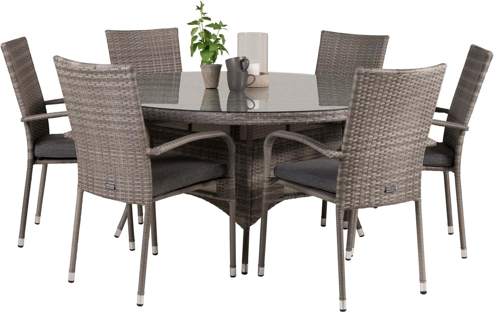 Elegantes Volta Outdoor-Tischset Anna mit 150 cm Durchmesser und 6 Stühlen – perfekt für gesellige Stunden im Freien. Hochwertig und stilvoll!