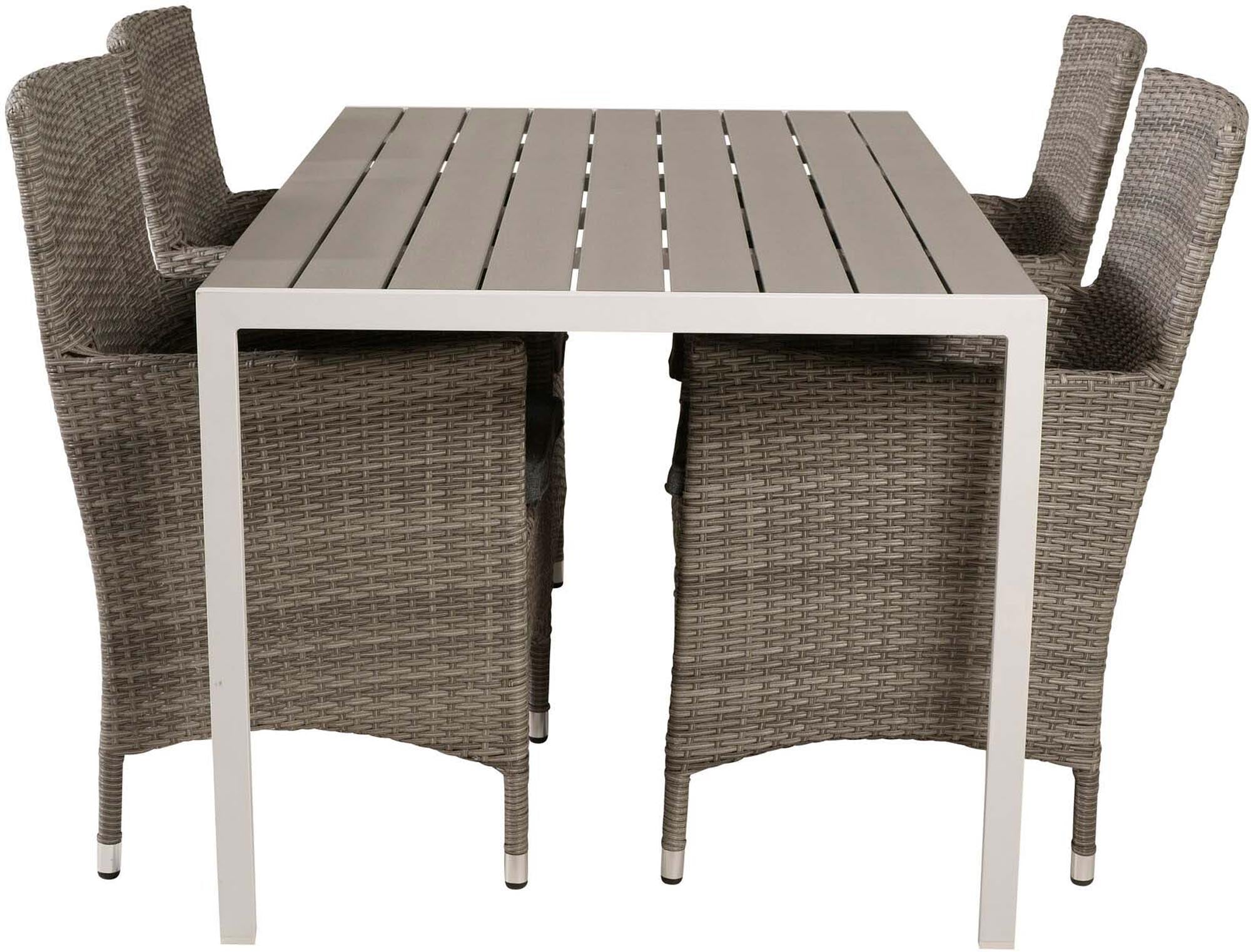 Entdecken Sie das Break Outdoor-Tischset + Malin 150cm/4St. von Venture Home – stilvoll, wetterfest und perfekt für Ihre Terrasse!