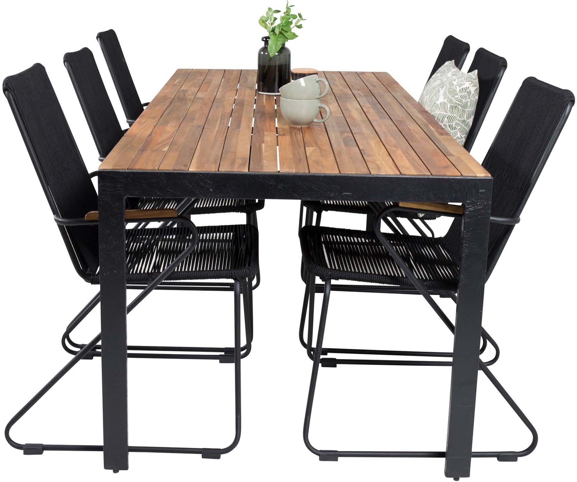 Entdecken Sie das Bois Outdoor-Tischset von Venture Home: 205 cm Esstisch und 6 komfortable Stühle aus langlebigem Akazienholz und Aluminium für stilvolle Gartenmomente.