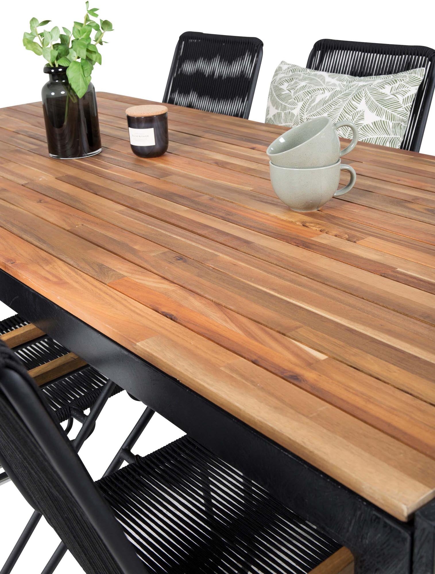 Entdecken Sie das stilvolle Bois Outdoor-Tischset von Venture Home: 205 cm Esstisch mit 6 bequemen Armlehnstühlen für unvergessliche Momente im Freien.