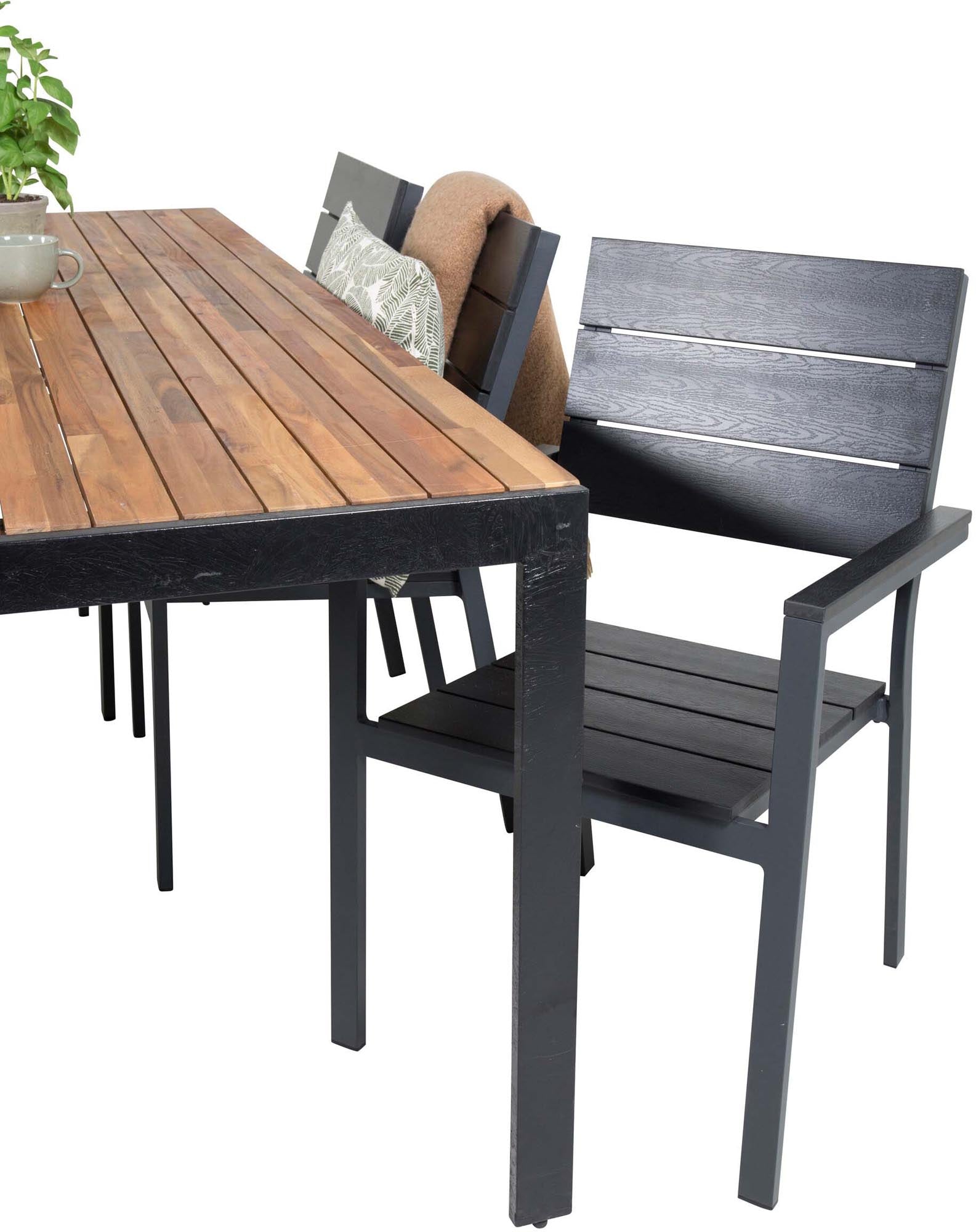Elegantes Bois Outdoor-Tischset mit Levels Stühlen: Perfekt für stilvolle Terrassenmomente und unvergessliche Zusammenkünfte.