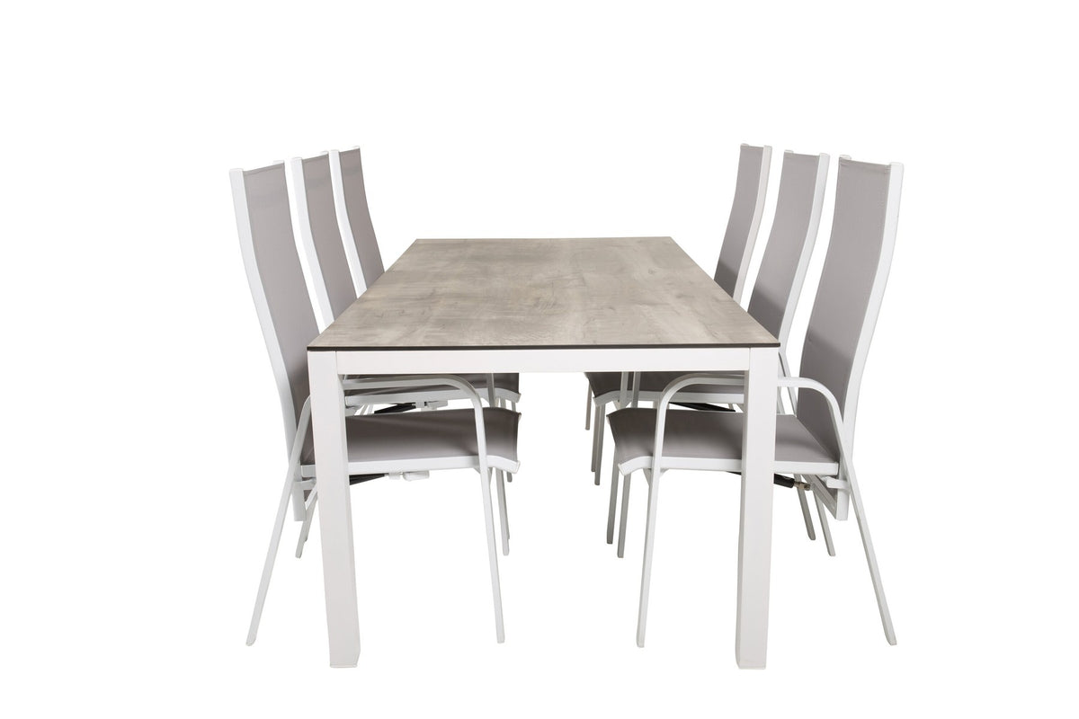 Graues Gartentischset aus Aluminium und HPL: rechteckiger Esstisch 205x100 cm mit zwei Relaxsesseln, pulverbeschichtete Oberfläche.