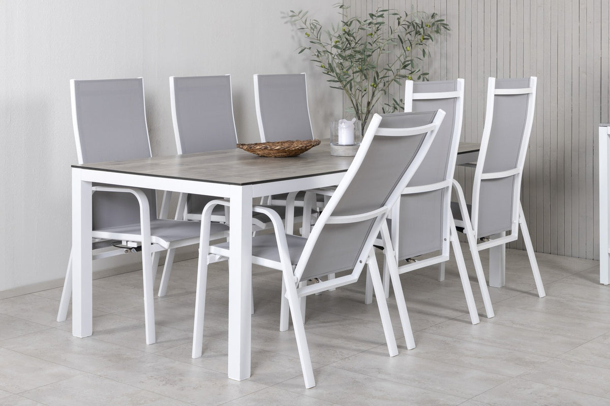 Graues Gartentischset aus Aluminium und HPL: rechteckiger Esstisch 205x100 cm mit zwei Relaxsesseln, pulverbeschichtete Oberfläche.